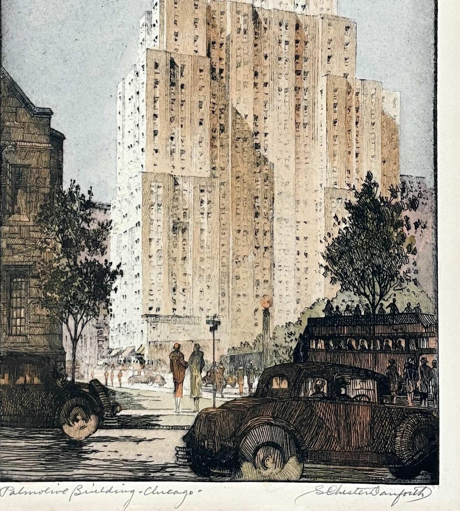 Aguafuerte y aguatinta de la década de 1930 de Palmolive Building Chicago por S. Chester Danforth en venta 1