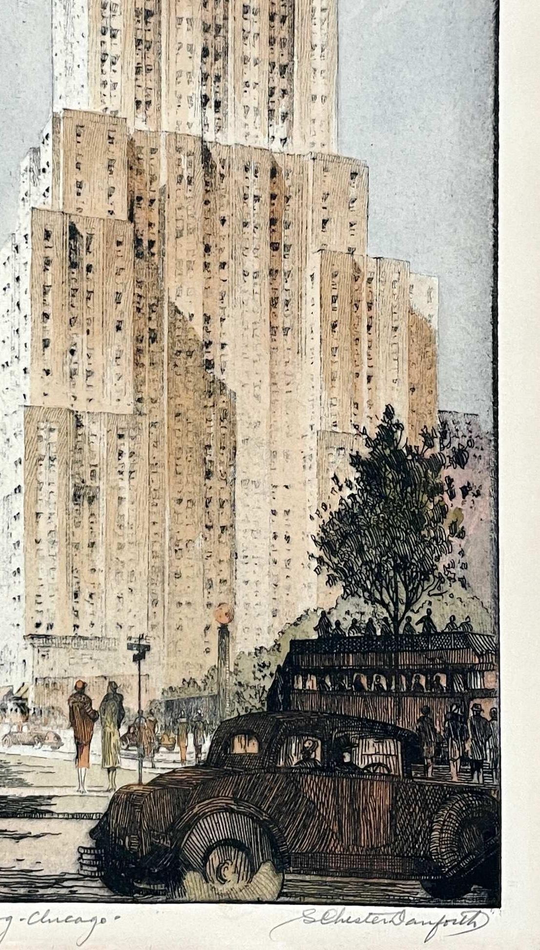 Aguafuerte y aguatinta de la década de 1930 de Palmolive Building Chicago por S. Chester Danforth en venta 3