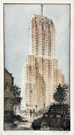 Acquaforte e acquatinta del 1930 del Palmolive Building di Chicago di S. Chester Danforth