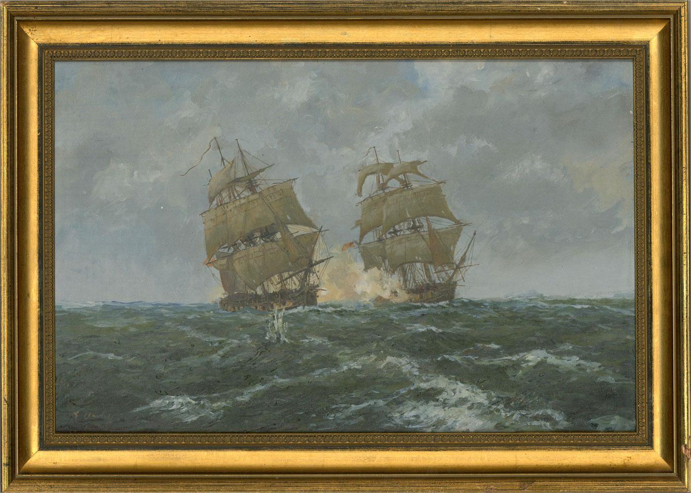 An exciting and emotive seascape depicting two frigates firing at each other in the open sea. Well presented in a gilt effect frame. Signed to the lower left.Â On board.
