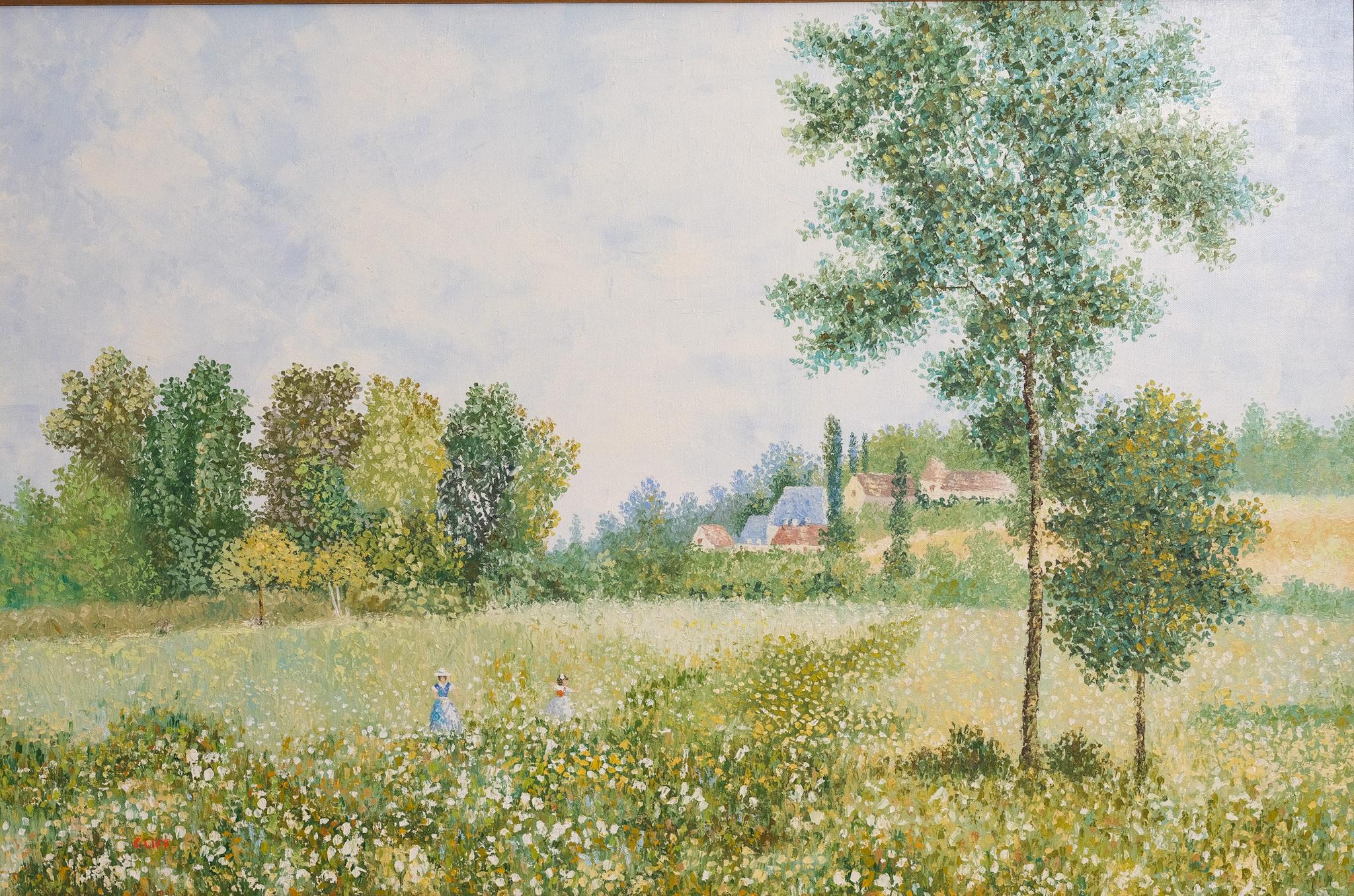 Landscape Painting de S. "Cliff" Chung - "Escena Provincial Puntillista" Impresionismo Paisaje Granja Naturaleza Cielo Árboles