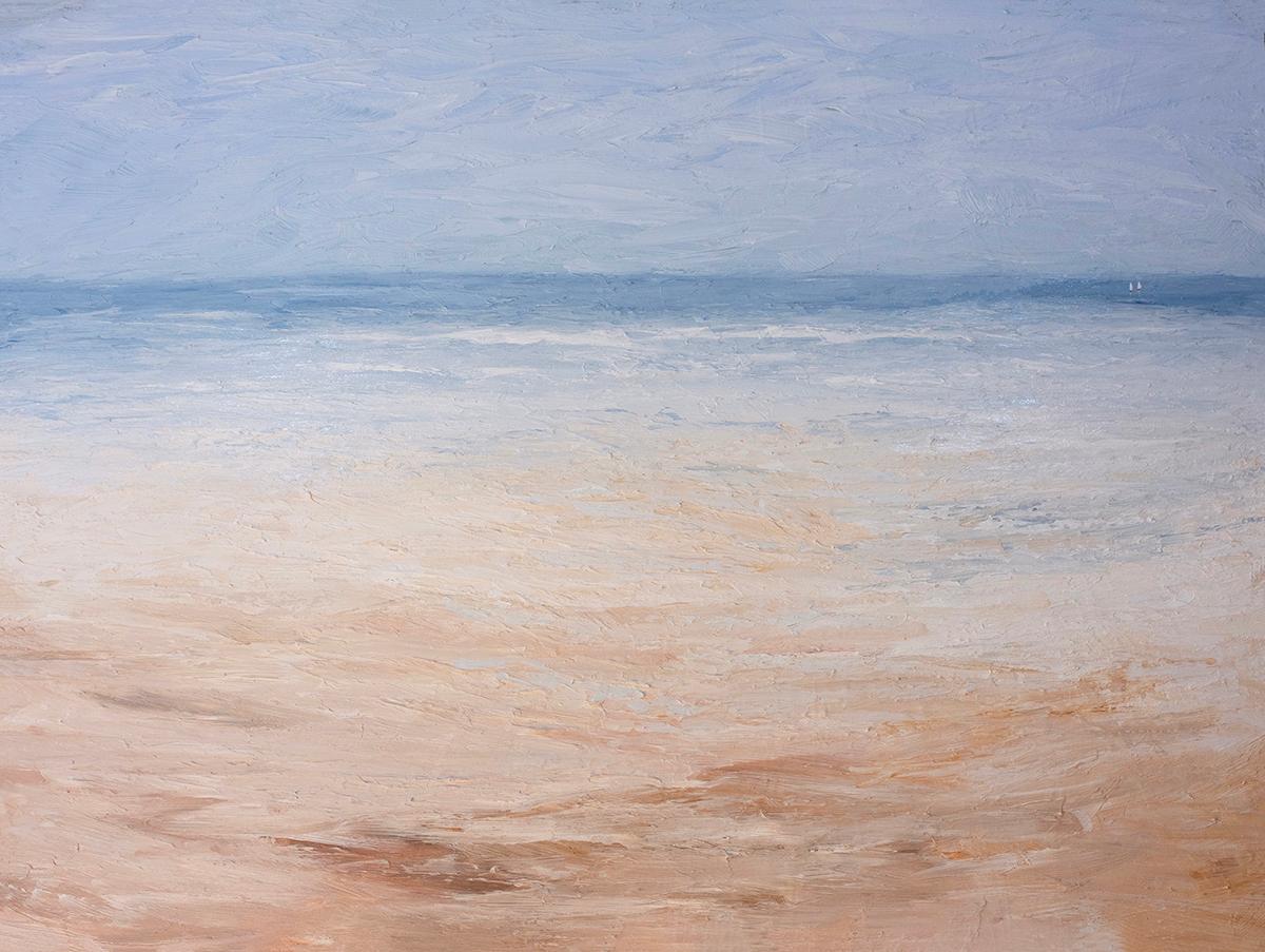 Este paisaje marino abstracto pintado por S. Cora Aldo presenta una paleta de azules claros y fríos con tonos cálidos de arena en el primer plano de la composición. El cuadro capta una vista abstracta del agua de una playa de arena, con un acabado