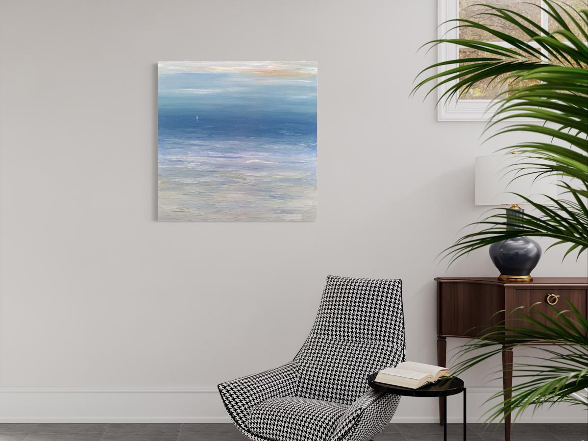 This abstracted seascape painting by S. Cora Aldo features a cool, light blue palette with warm sand-colored accents. The painting features light texture with visible strokes, and a small sailboat floating along a blended horizon line. The painting