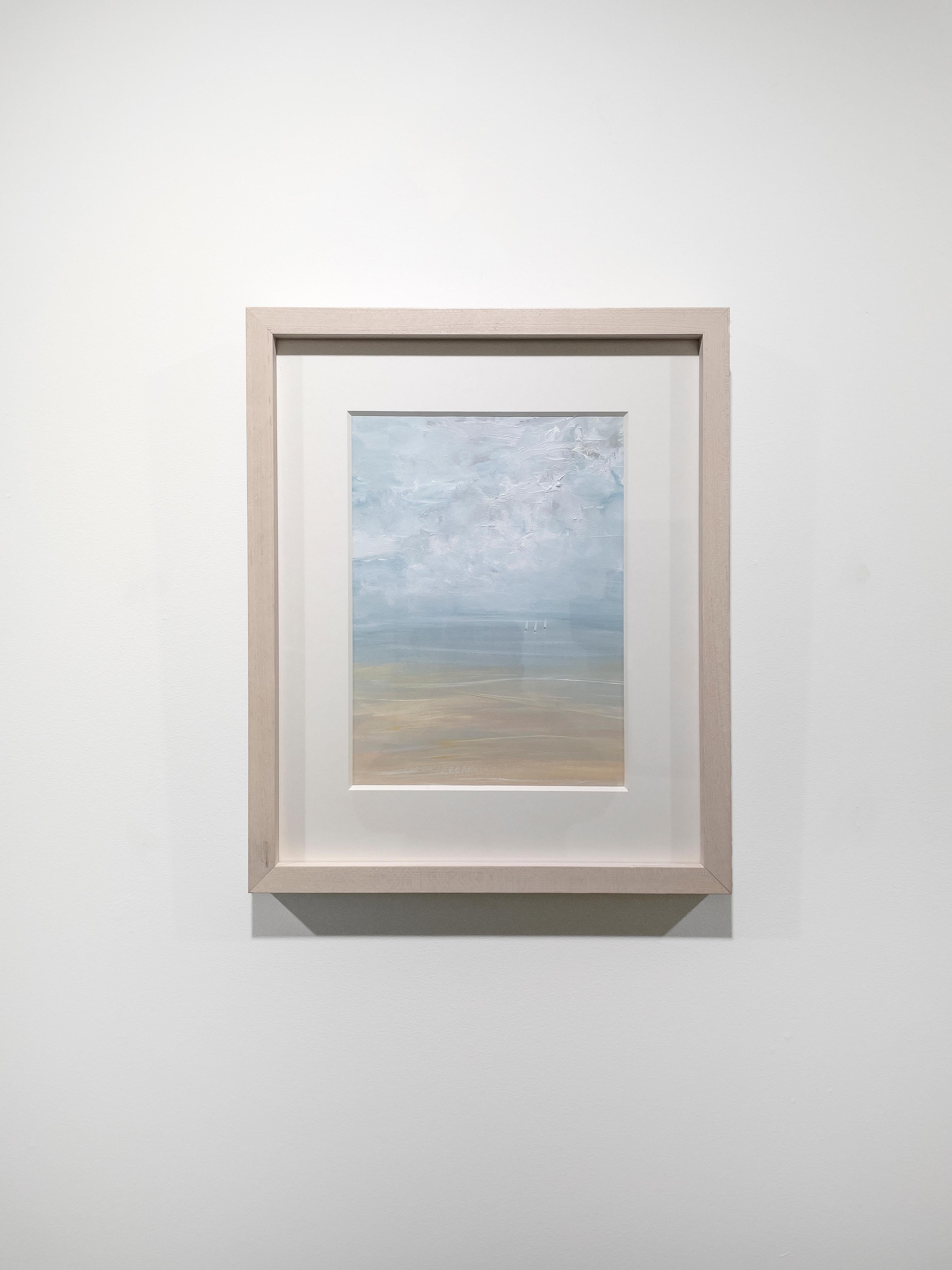 This contemporary seascape painting by S.C. Aldo is made with acrylic paint on Arches paper. It has a vertical format, and features a coastal scene with a light blue sky, textured abstract clouds and three small sailboats along the horizon. The