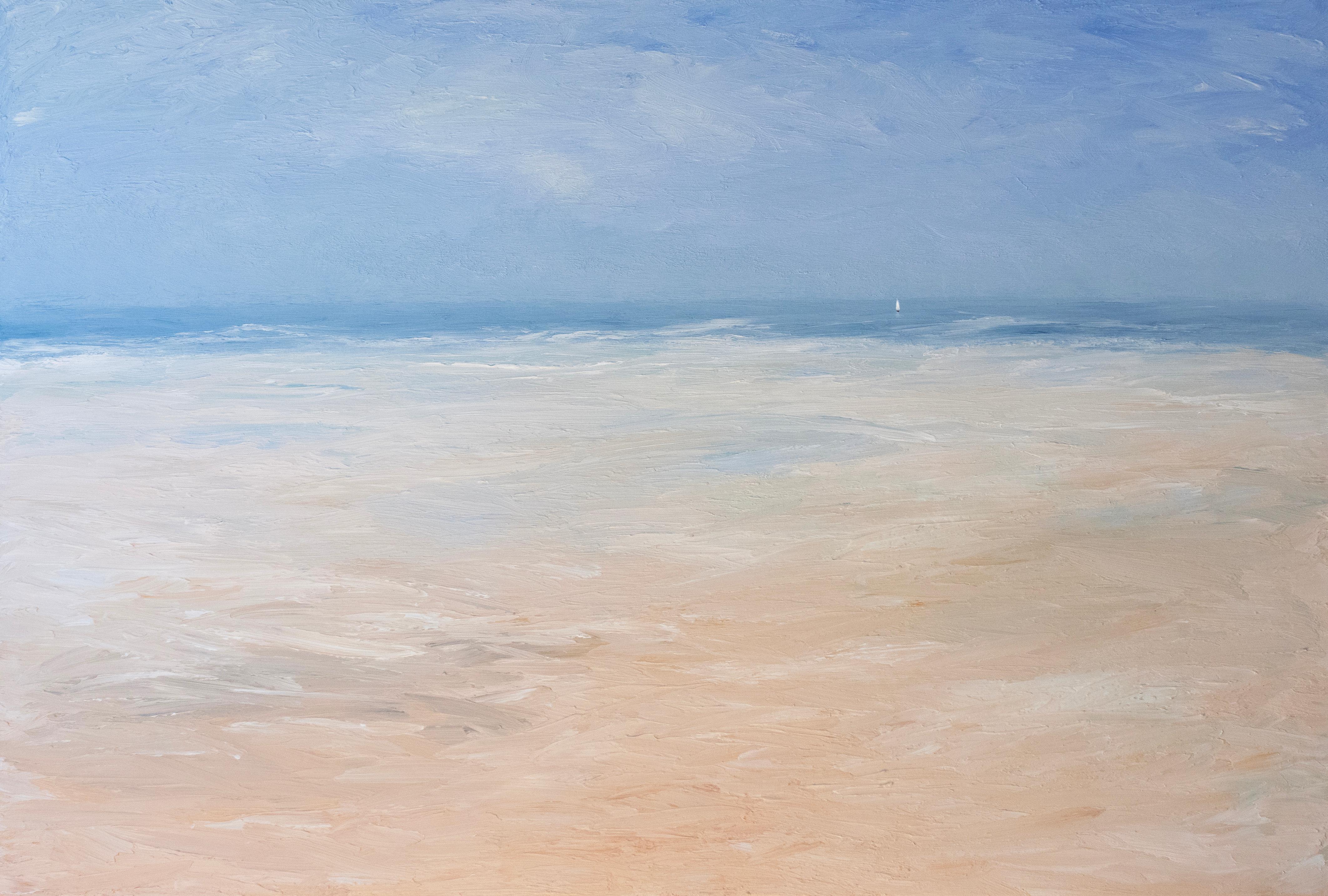Ce grand tableau abstrait de S. Cora Aldo, représentant un paysage marin, présente une palette de bleus clairs et froids avec des tons chauds de sable au premier plan de la composition. Le tableau capture une vue abstraite de l'eau depuis une plage
