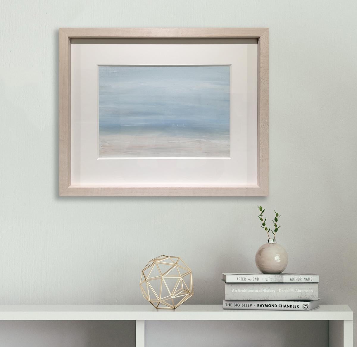 This contemporary seascape painting by S.C. Aldo is made with acrylic paint on Arches paper. It features a coastal scene with a light blue sky and three small sailboats just visible along the horizon. The painting is matted with a 6-ply white rag
