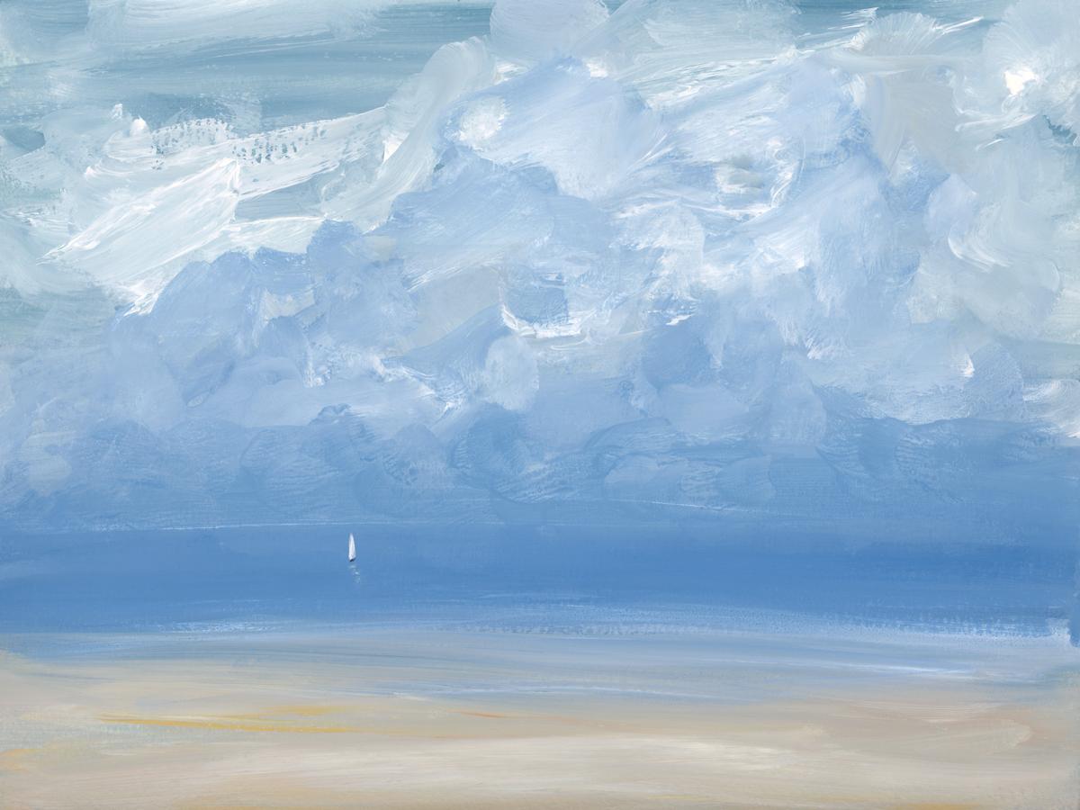 Dieses zeitgenössische Gemälde einer Meereslandschaft von S.C. Aldo ist mit Acrylfarbe auf Arches-Papier gemalt. Es zeigt eine abstrahierte Ansicht des Meeres mit lockeren, ausdrucksstarken Wolken am Himmel und einem kleinen weißen Segelboot am
