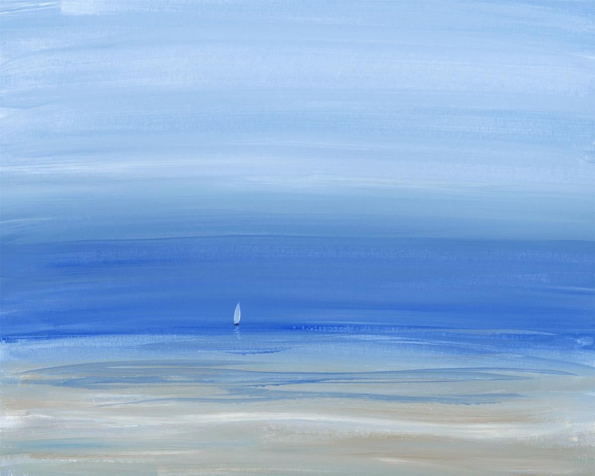 This contemporary seascape painting by S.C. Aldo is made with acrylic paint on Arches paper. It captures an abstracted view of the ocean and sandy shoreline in the foreground, with a small white sailboat visible on the horizon. The painting itself