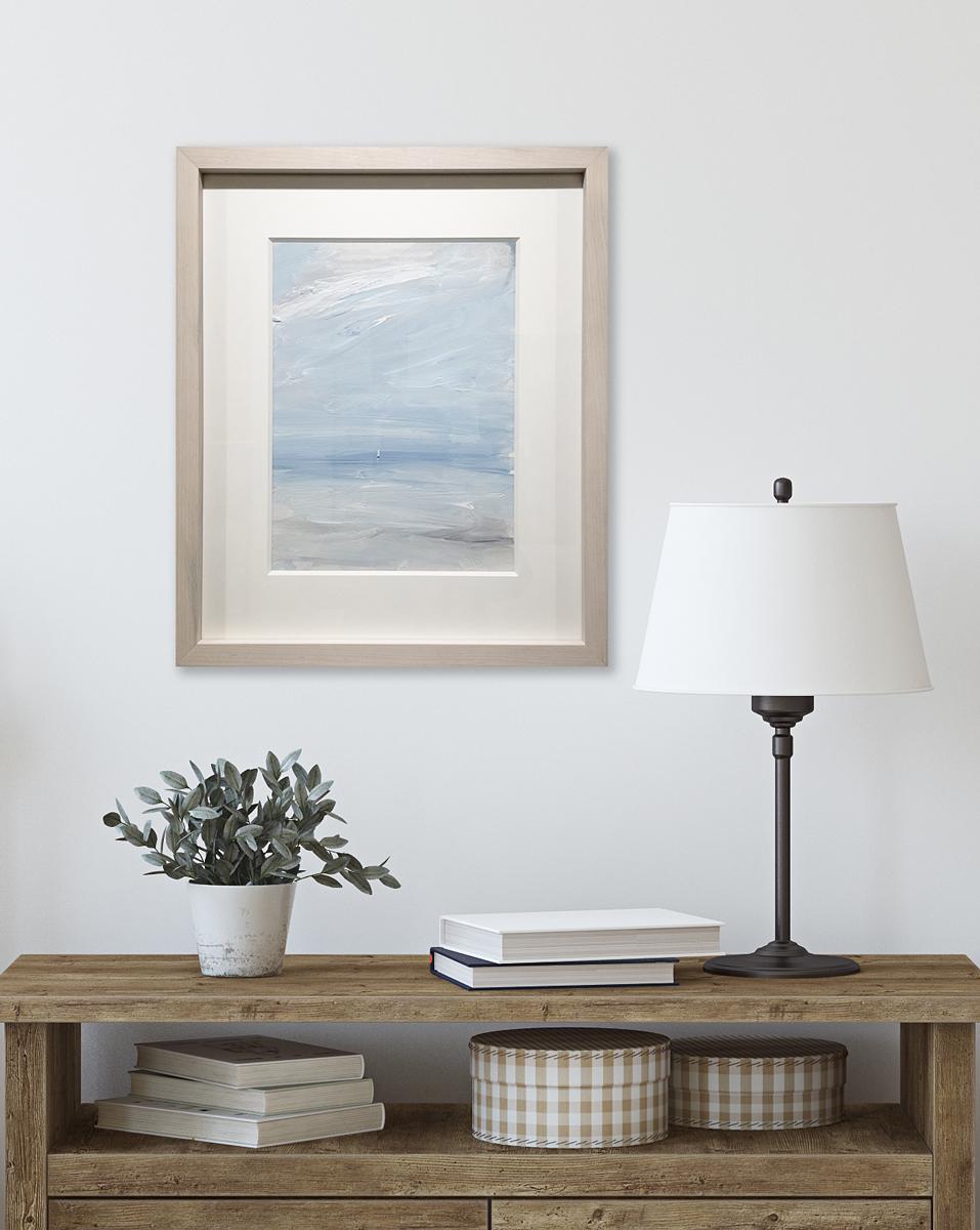 This contemporary seascape painting by S.C. Aldo is made with acrylic paint on Arches paper. It features a light, coastal palette, and captures an abstracted view of the ocean, with a small white sailboat visible floating on the horizon. The
