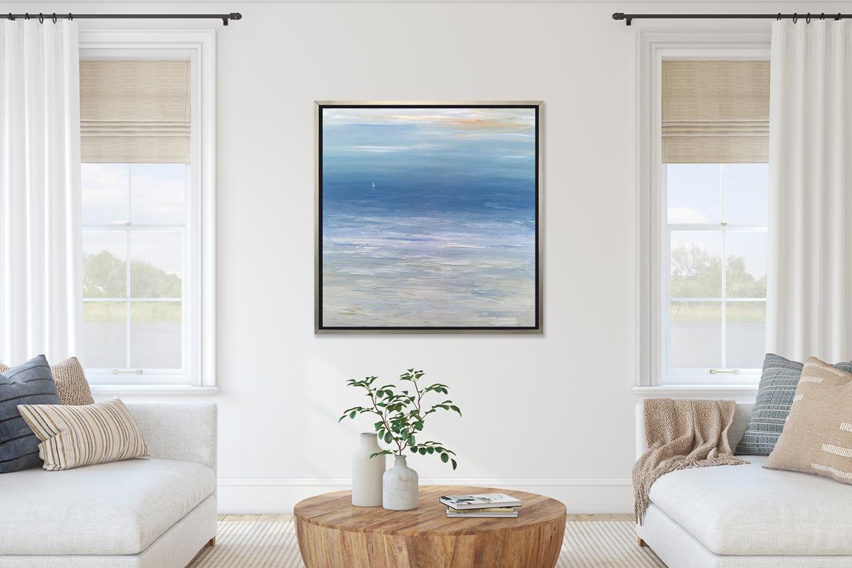 This limited edition print by S. Cora Aldo depicts an impressionistic ocean view. Sand-colored tones extend from the bottom of the composition and fade to a muted blue, with strokes of white along the beginning of the shoreline. The sky is a blend
