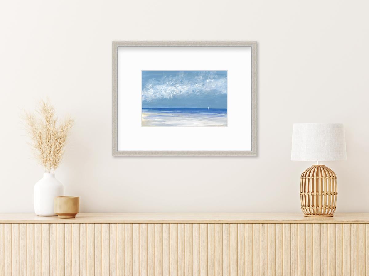 This contemporary seascape limited edition print by S.C. Aldo features a coastal scene with a light blue sky, abstract clouds and a small sailboat sailing along the horizon. 

This limited edition print is an edition size of 195. Printed with