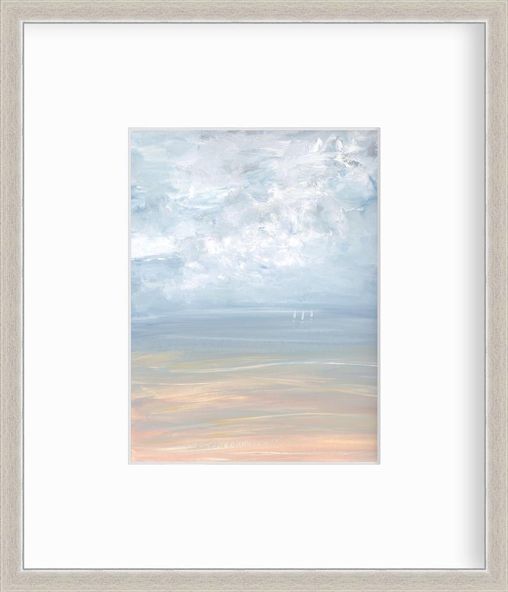 This contemporary seascape limited edition print by S.C. Aldo features a coastal scene with a light blue sky, textured abstract clouds and three small sailboats along the horizon. 

This limited edition print is an edition size of 195. Printed with