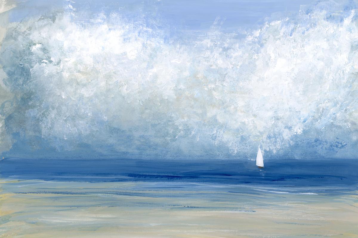This limited edition contemporary seascape print by S.C. Aldo features a cool coastal palette. It depicts a lightly abstracted coastal scene with a light blue sky, thick, white abstracted clouds, and a small sailboat floating off a sandy shoreline