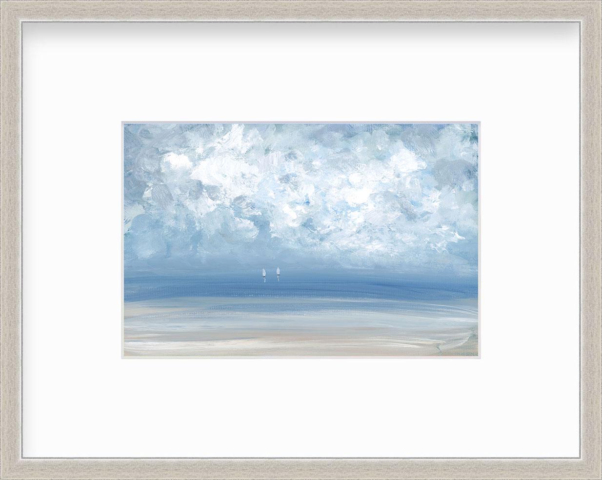 This contemporary seascape limited edition print by S.C. Aldo depicts a lightly abstracted coastal scene with a light blue sky, textured abstract clouds and two small white sailboats sailing near the horizon, casting light reflections into the water