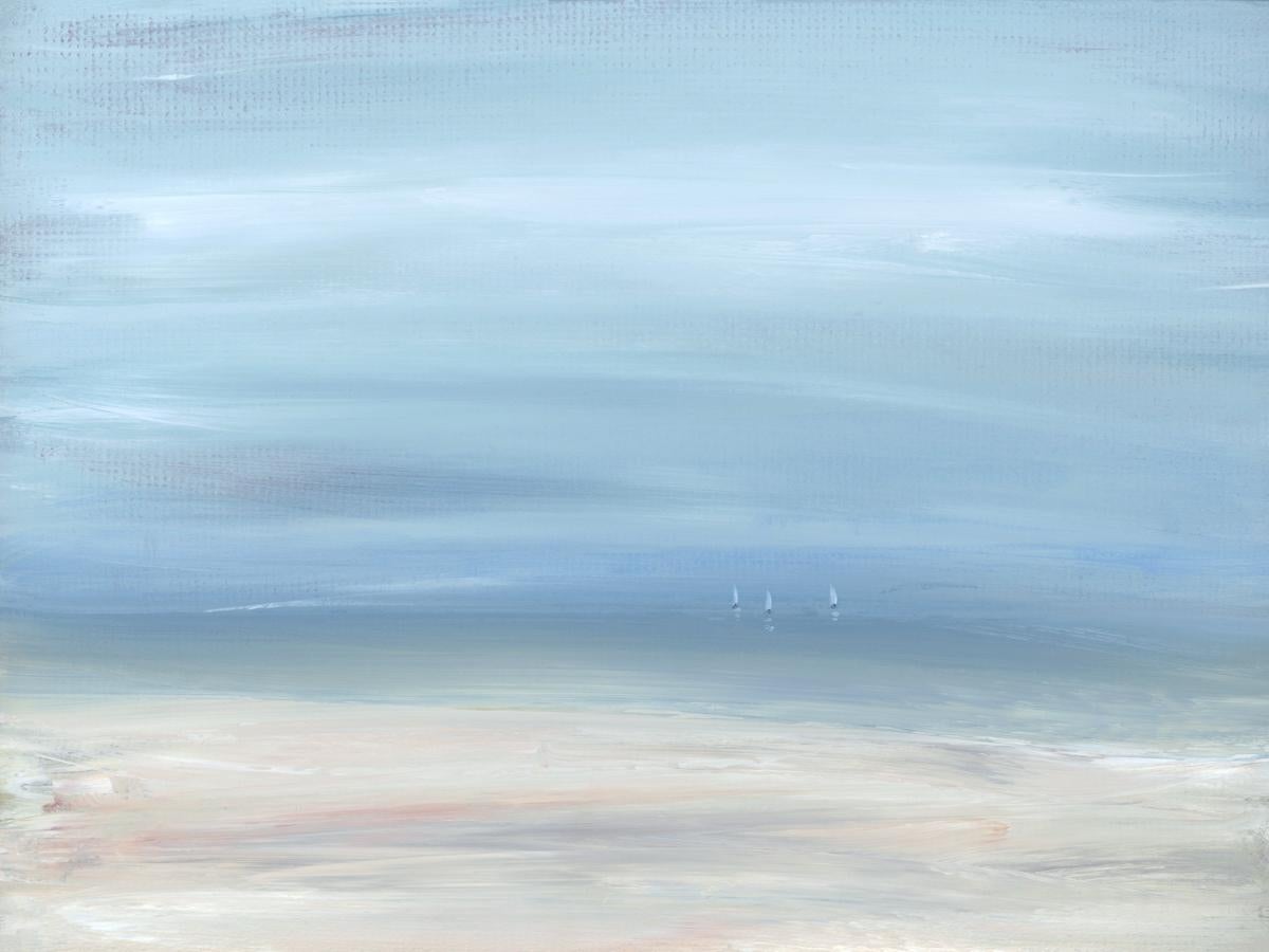This contemporary seascape limited edition print by S.C. Aldo features a coastal scene with a light blue sky and three small sailboats just visible along the horizon. 

This limited edition print is an edition size of 195. Printed with pigment ink