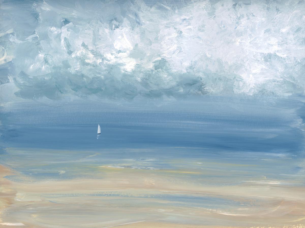 Este paisaje marino contemporáneo, grabado en edición limitada por S.C. Aldo representa una escena costera suelta y abstracta con un cielo azul claro, nubes abstractas texturizadas y un pequeño velero blanco navegando cerca del horizonte. Una costa