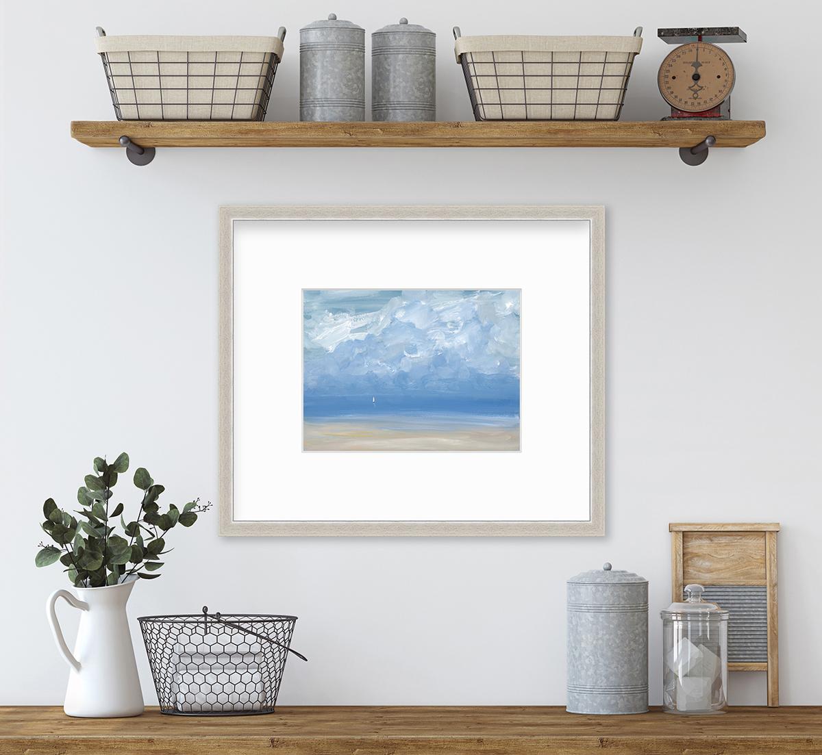 This contemporary seascape limited edition print by S.C. Aldo captures an abstracted view of the ocean with loose, expressive clouds in the sky and a small white sailboat visible on the horizon. 

This limited edition print is an edition size of