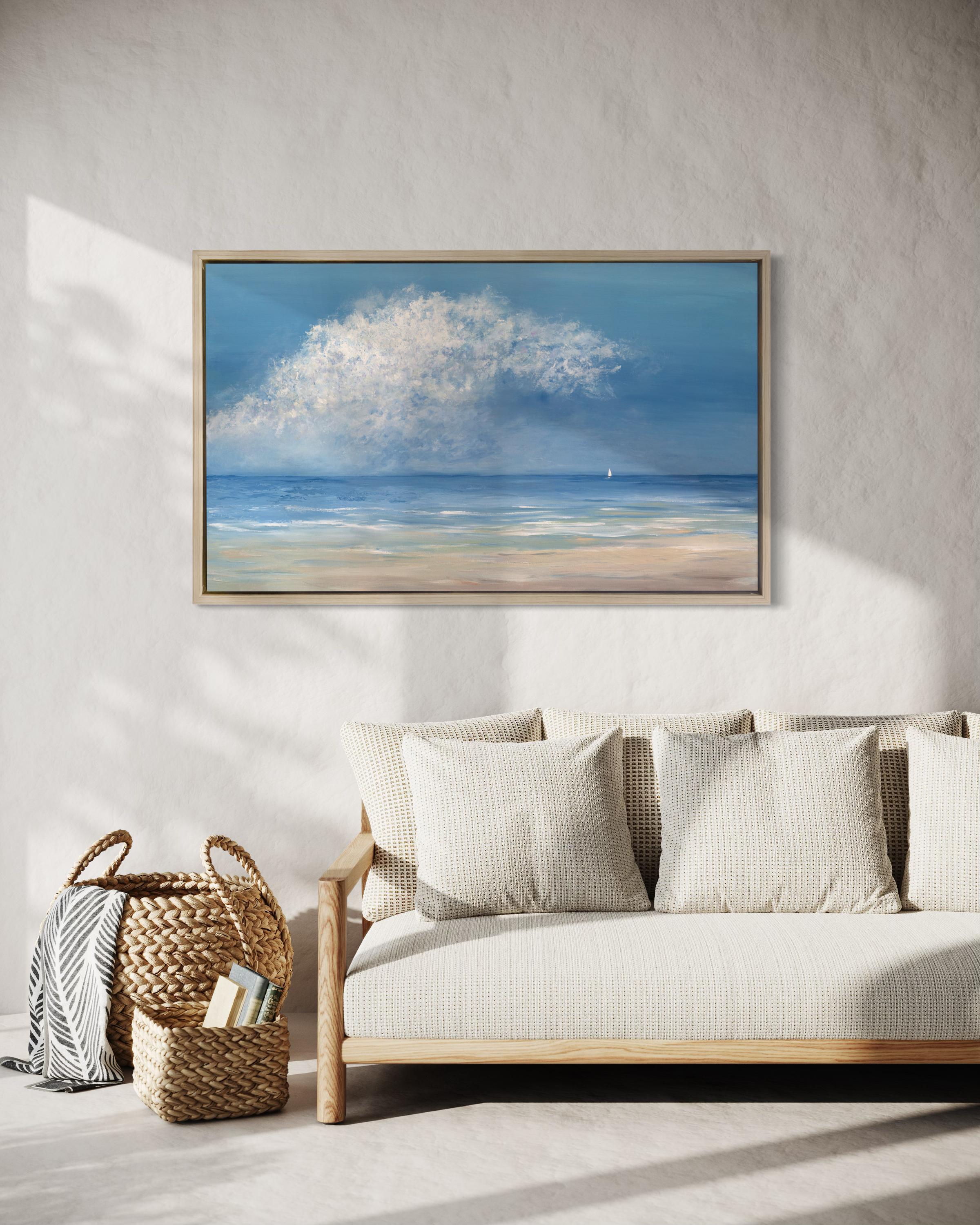 Questa stampa in edizione limitata di S. Cora Aldo raffigura una veduta impressionistica dell'oceano. I toni color sabbia si estendono dal fondo della composizione e sfumano verso un blu tenue, con pennellate di bianco lungo l'inizio del litorale.