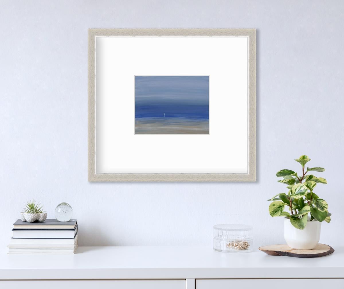 This contemporary seascape limited edition print by S.C. Aldo captures an abstracted view of the ocean and sandy shoreline in the foreground, with a small white sailboat visible on the horizon. 

This limited edition print is an edition size of 195.