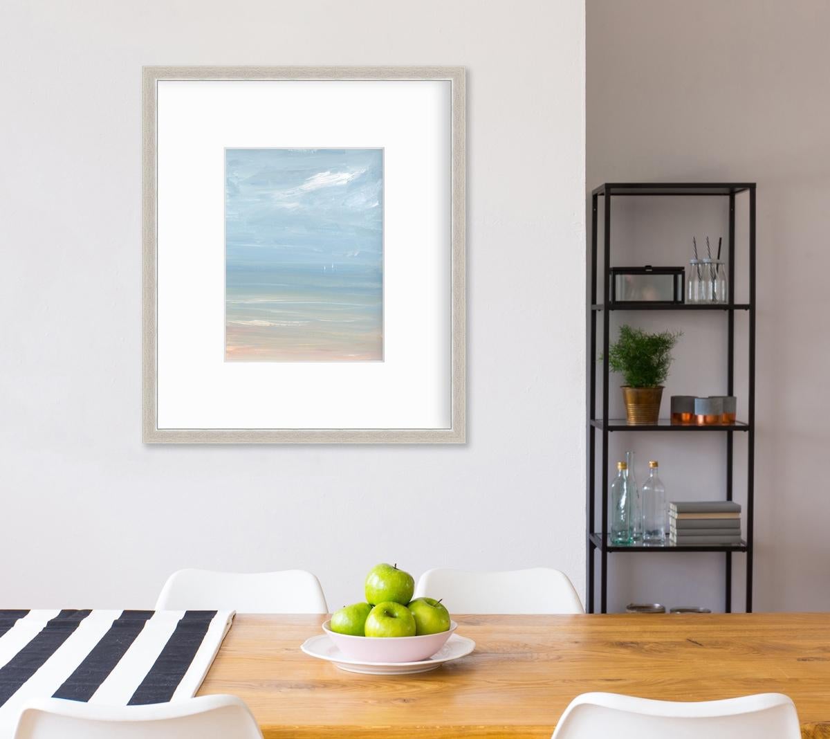 This contemporary seascape limited edition print by S.C. Aldo features a light, almost pastel coastal palette, and captures an abstracted view of the ocean and shoreline in the foreground, and two small white sailboats visible on the horizon. 

This