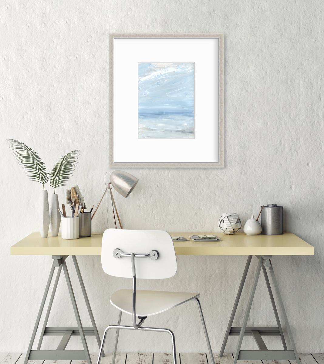 This contemporary seascape limited edition print by S.C. Aldo features a light, coastal palette, and captures an abstracted view of the ocean, with a small white sailboat visible floating on the horizon.

This limited edition print is an edition