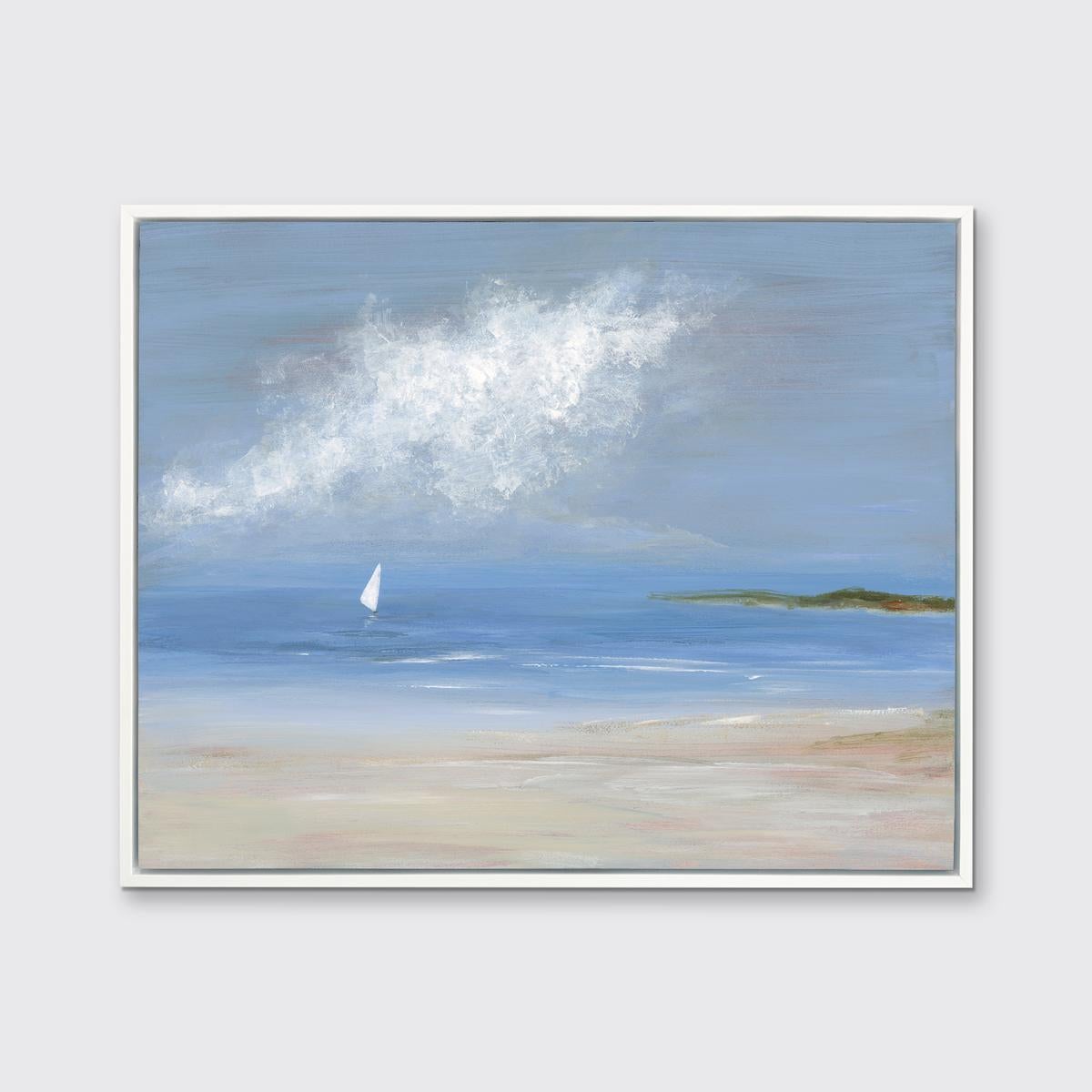 This limited edition seascape print by S.C. Aldo captures an abstracted coastal scene overlooking water from a sandy shore, with greenery lining part of the horizon and a sailboat sailing in the distance under abstract white clouds. 

This Limited