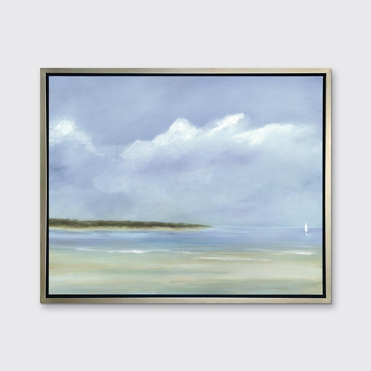 This limited edition seascape print by S.C. Aldo captures a coastal scene overlooking water from a sandy shore, with green trees lining part of the horizon and a sailboat sailing in the distance. Aldo's signature style borders on Impressionistic,