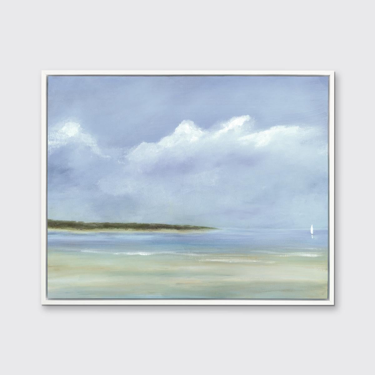 This limited edition seascape print by S.C. Aldo captures a coastal scene overlooking water from a sandy shore, with green trees lining part of the horizon and a sailboat sailing in the distance. Aldo's signature style borders on Impressionistic,