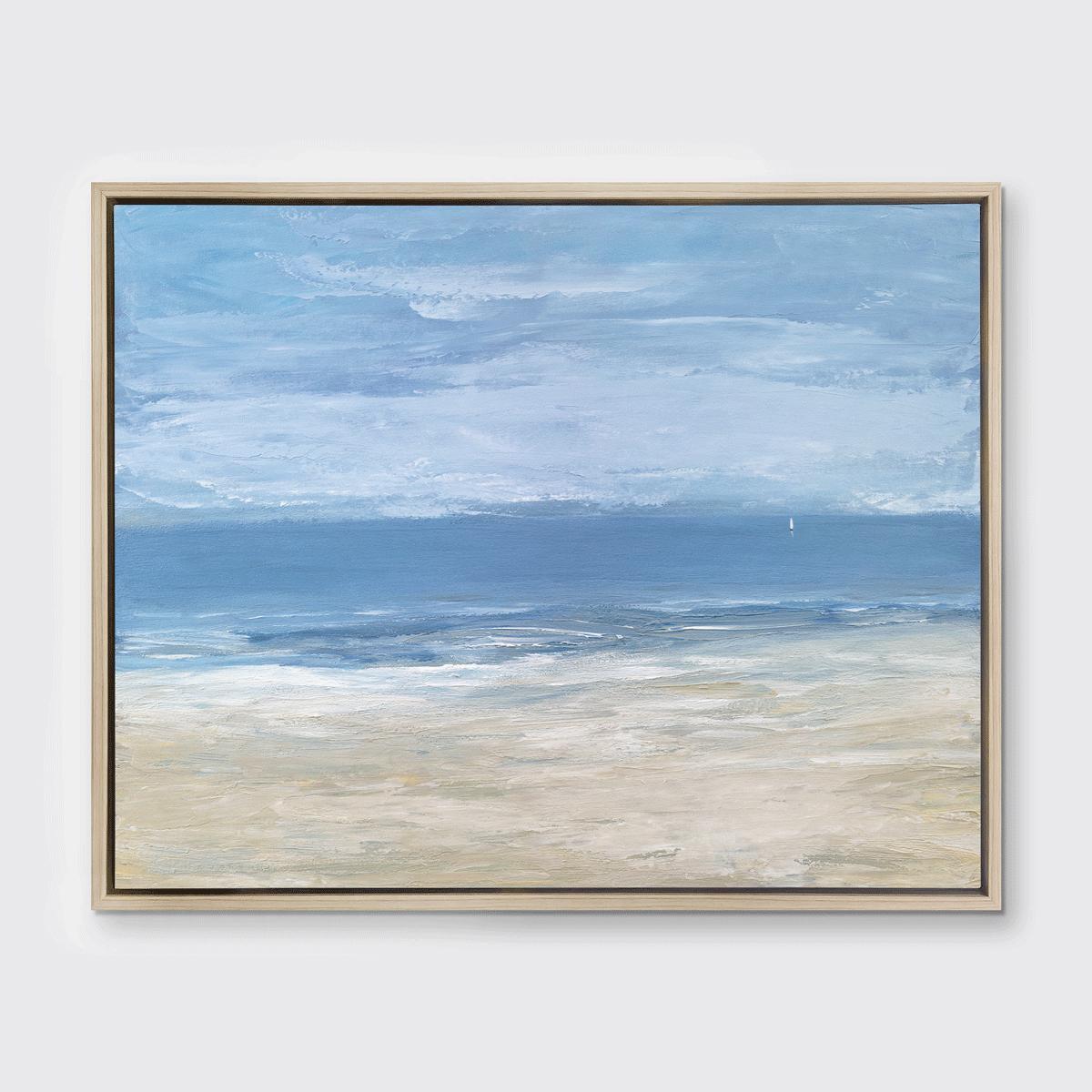 This limited edition print by S. Cora Aldo depicts an impressionistic ocean view. Sand-colored tones extend from the bottom of the composition and fade to a muted blue, with strokes of white along the beginning of the shoreline. The sky is a blend