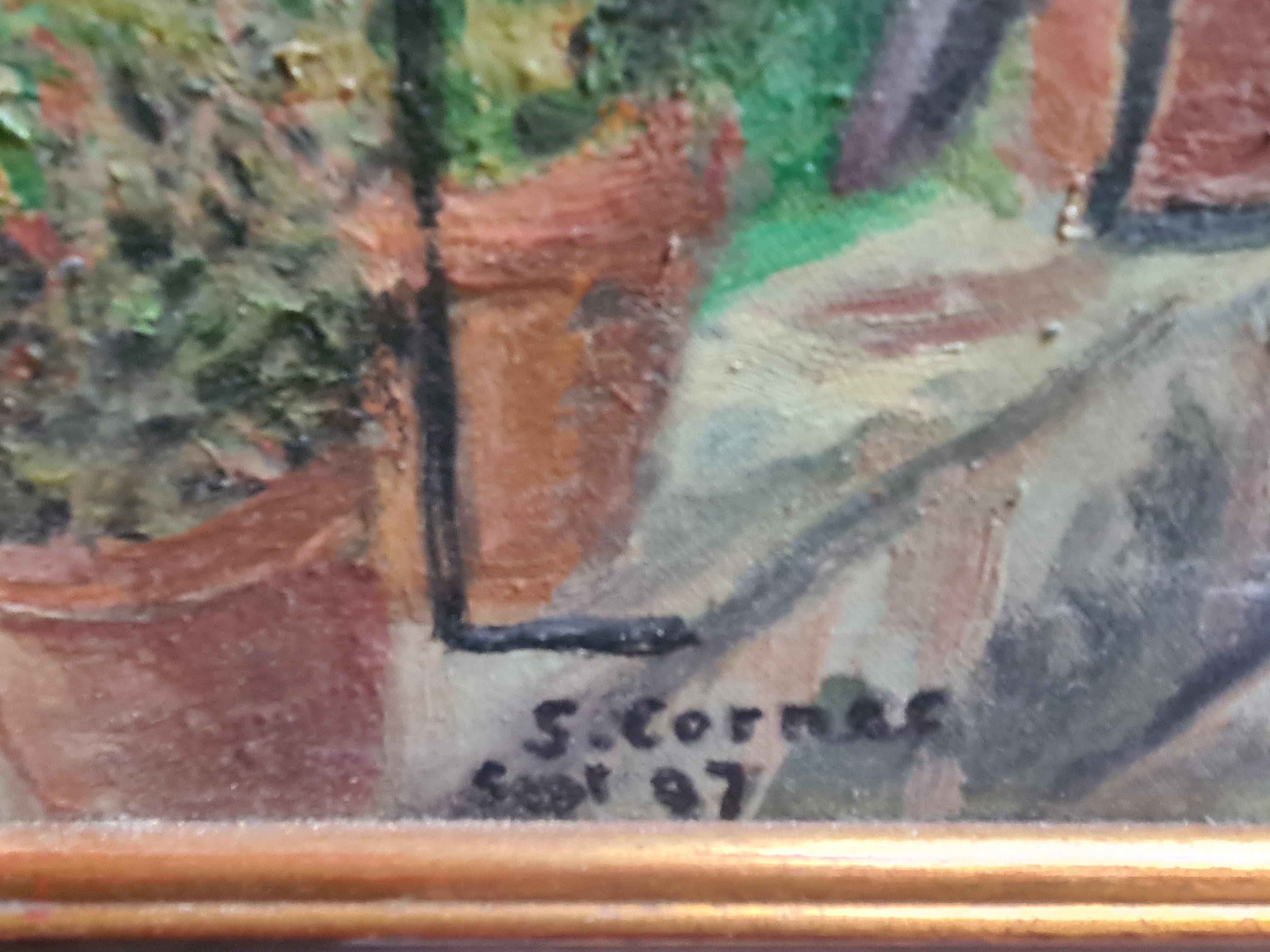 Vista sul giardino impressionista francese, sotto il pergolato di Cotignac. Olio su tavola. - Painting di S Cornec