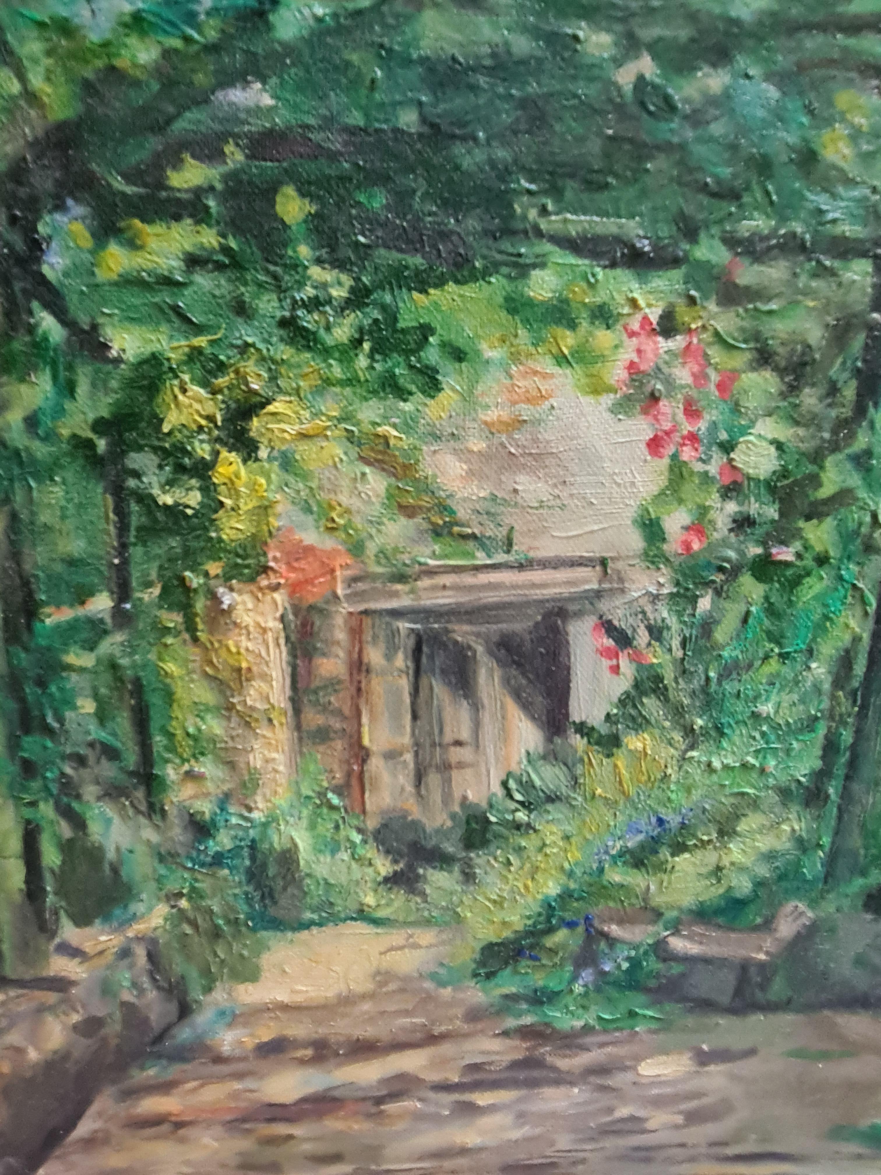 Vista sul giardino impressionista francese, sotto il pergolato di Cotignac. Olio su tavola. - Landscape Painting Grigio di S Cornec