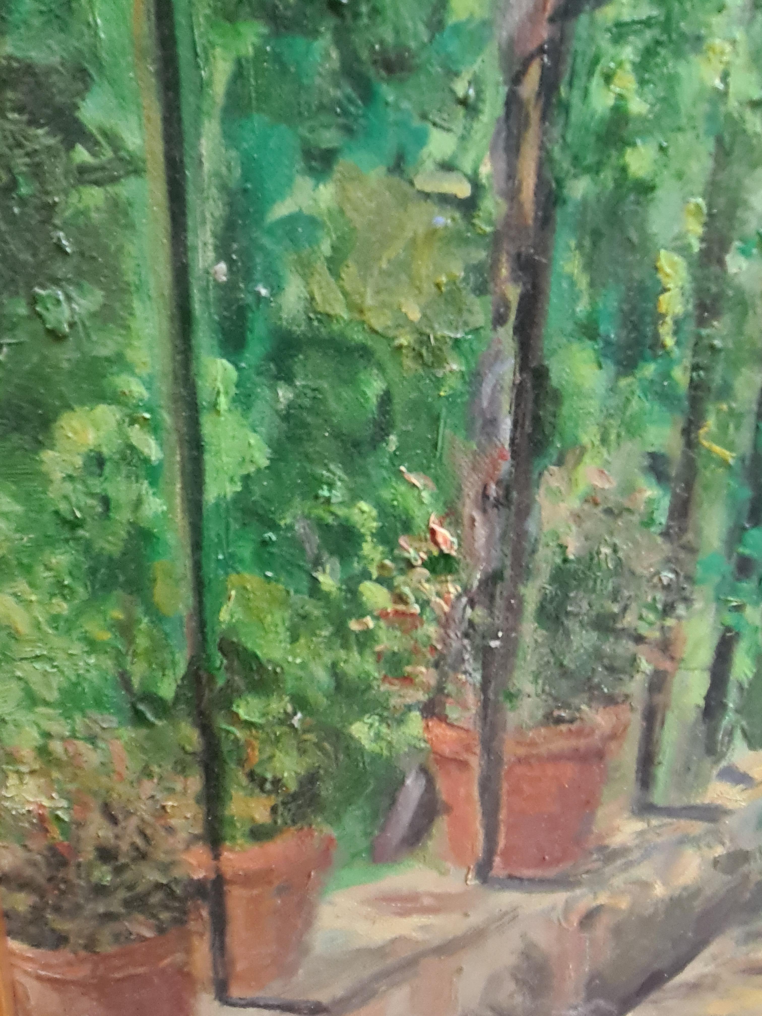 Veduta di un giardino di Cornec, olio su tavola della fine del XX secolo. Il dipinto è firmato e datato in basso a sinistra e presentato in una cornice personalizzata.

Un dipinto affascinante e suggestivo di una lunga passeggiata in giardino