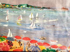 Mid-Century French Gouache on Paper After Raoul Dufy "Sailing at the Beach"