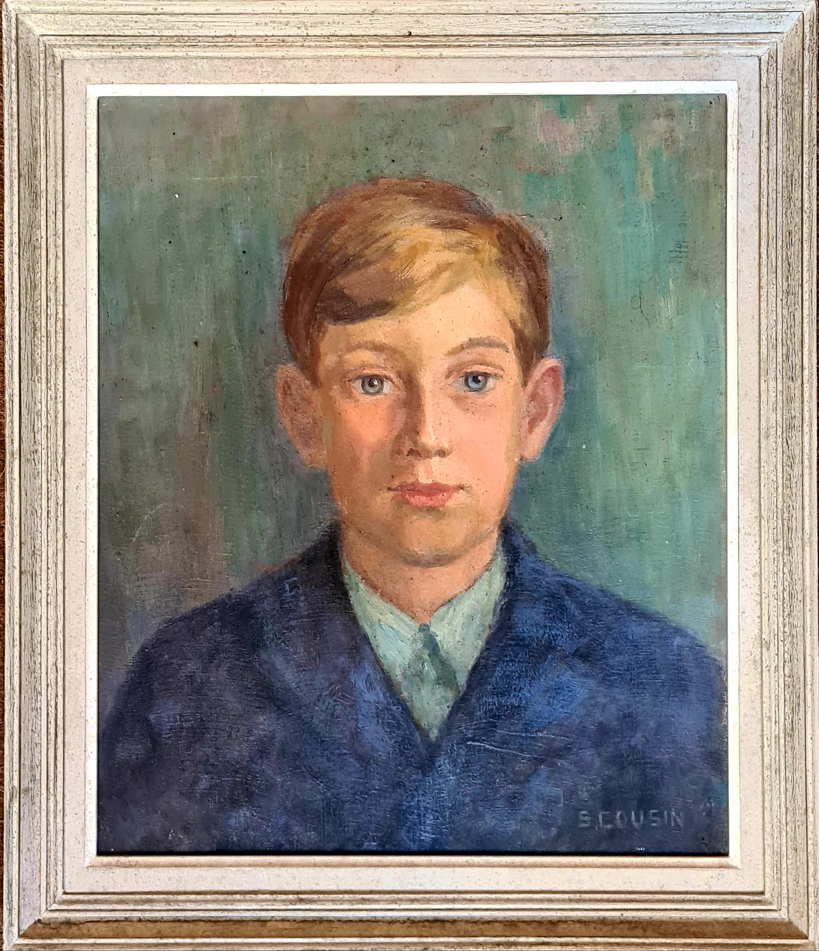 Huile sur toile des années 1930 Portrait du fils de l'artiste - Painting de S Cousin