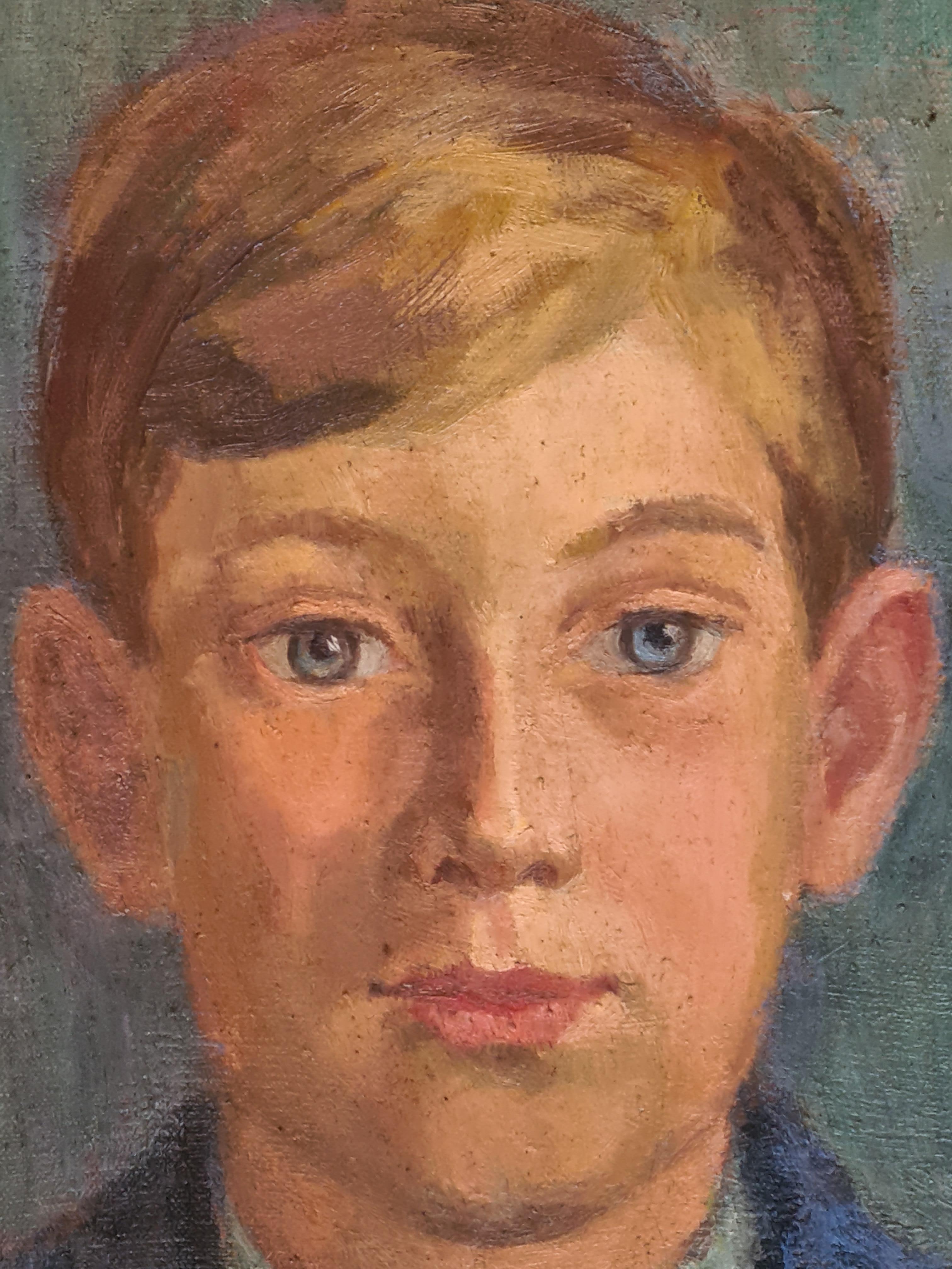 Huile sur toile des années 1930 Portrait du fils de l'artiste en vente 2