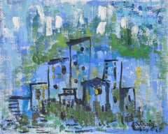 City Skyline - Mid Century Modern Urban Landscape in Oil on Burlap