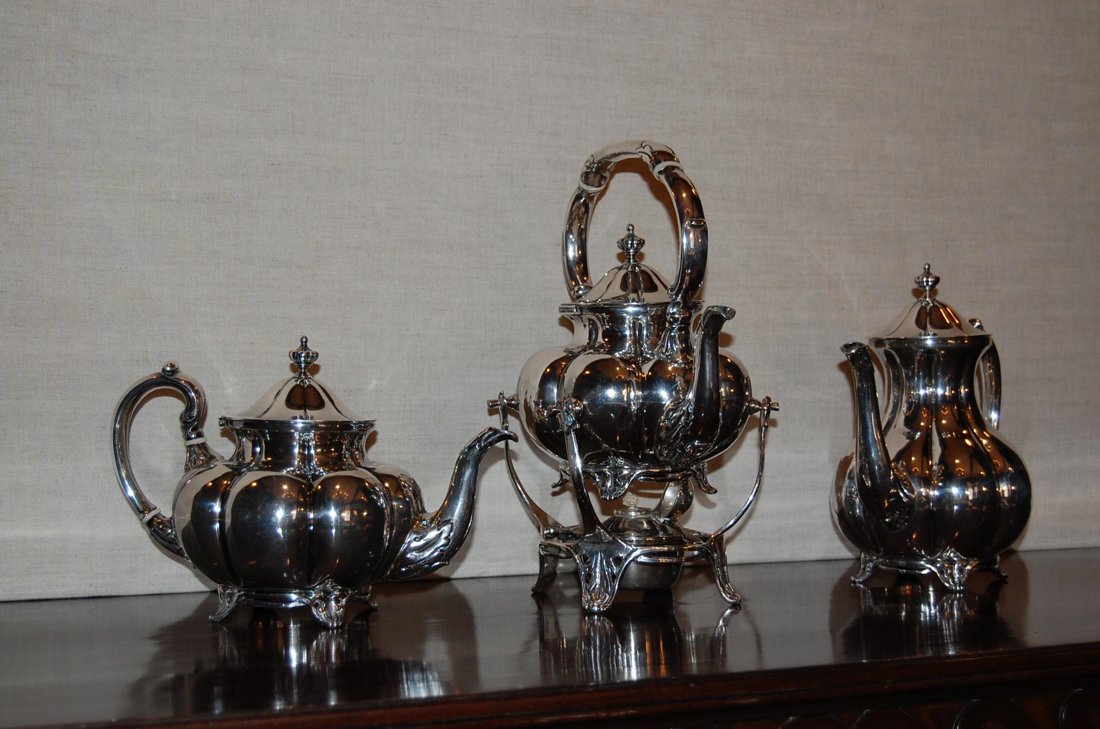 Mexican S. de la Serna Sterling Silver Tea Set, 6 Pcs and Tray, circa 1950s