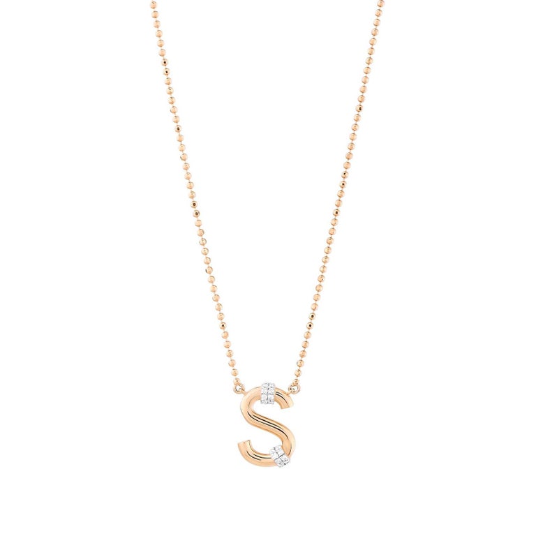 S Diamond Initial Necklace, 14K Yellow Gold, Beaded Ball Chain Letter