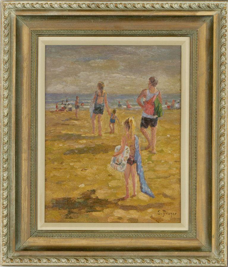 A sunny beach scene with impasto. Presented in wooden frame with lozenge moulding to the outer edge, lambs tongue moulding to the inner edge, and a white painted slip. Signed to the lower-right corner. On panel.
