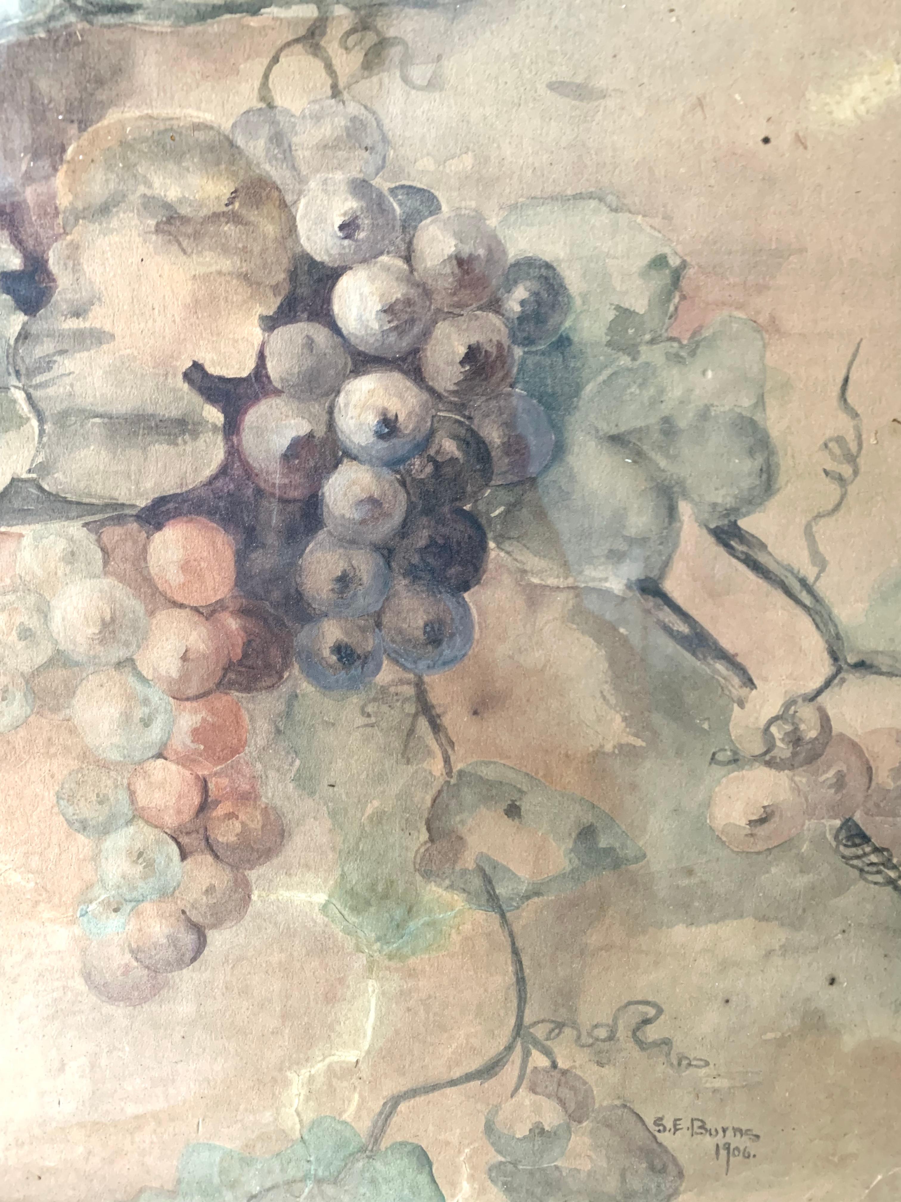 French S. E. BUNRS Still Life « Grappe » Water Color, 1906 For Sale
