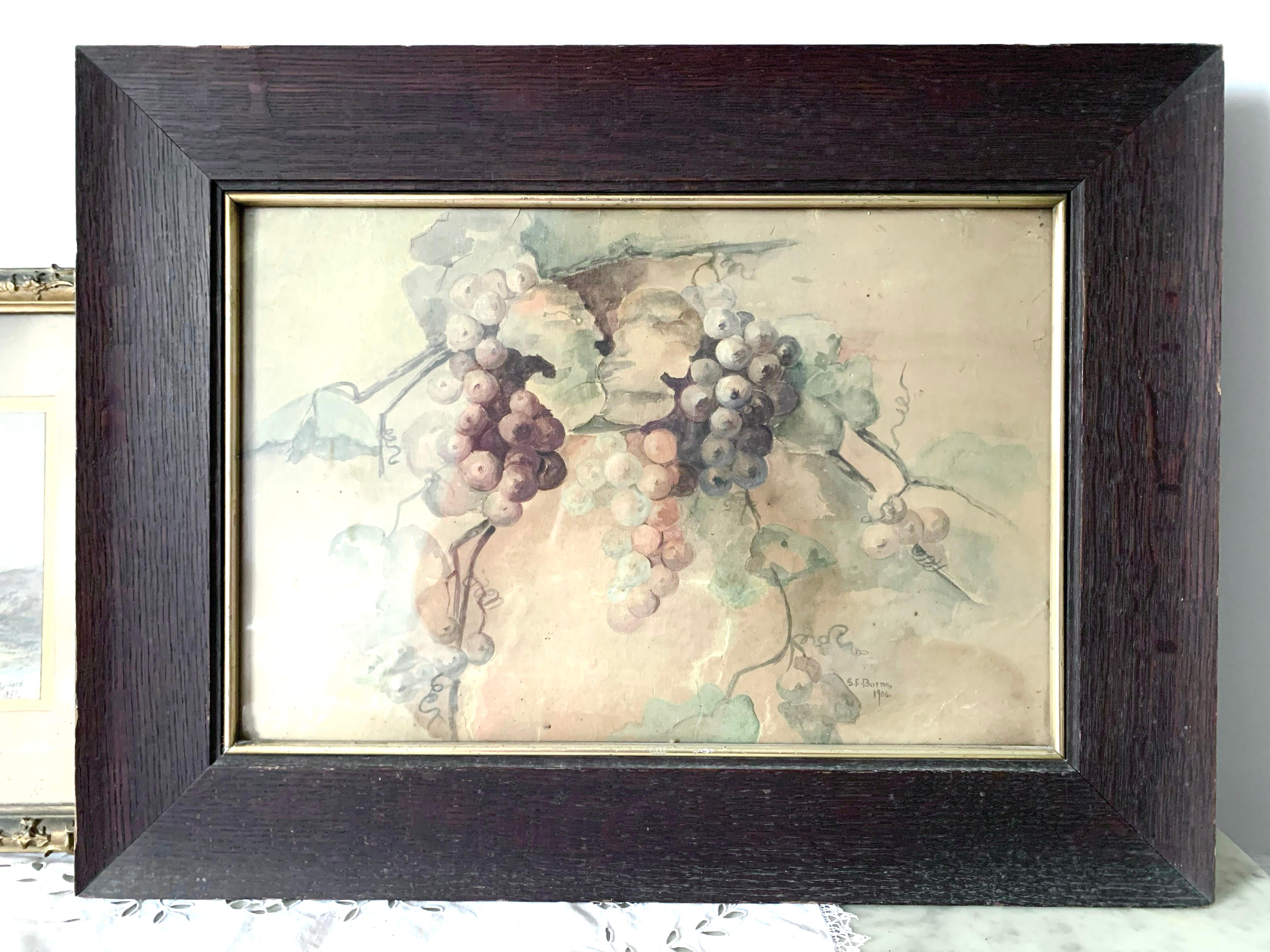 20th Century S. E. BUNRS Still Life « Grappe » Water Color, 1906 For Sale
