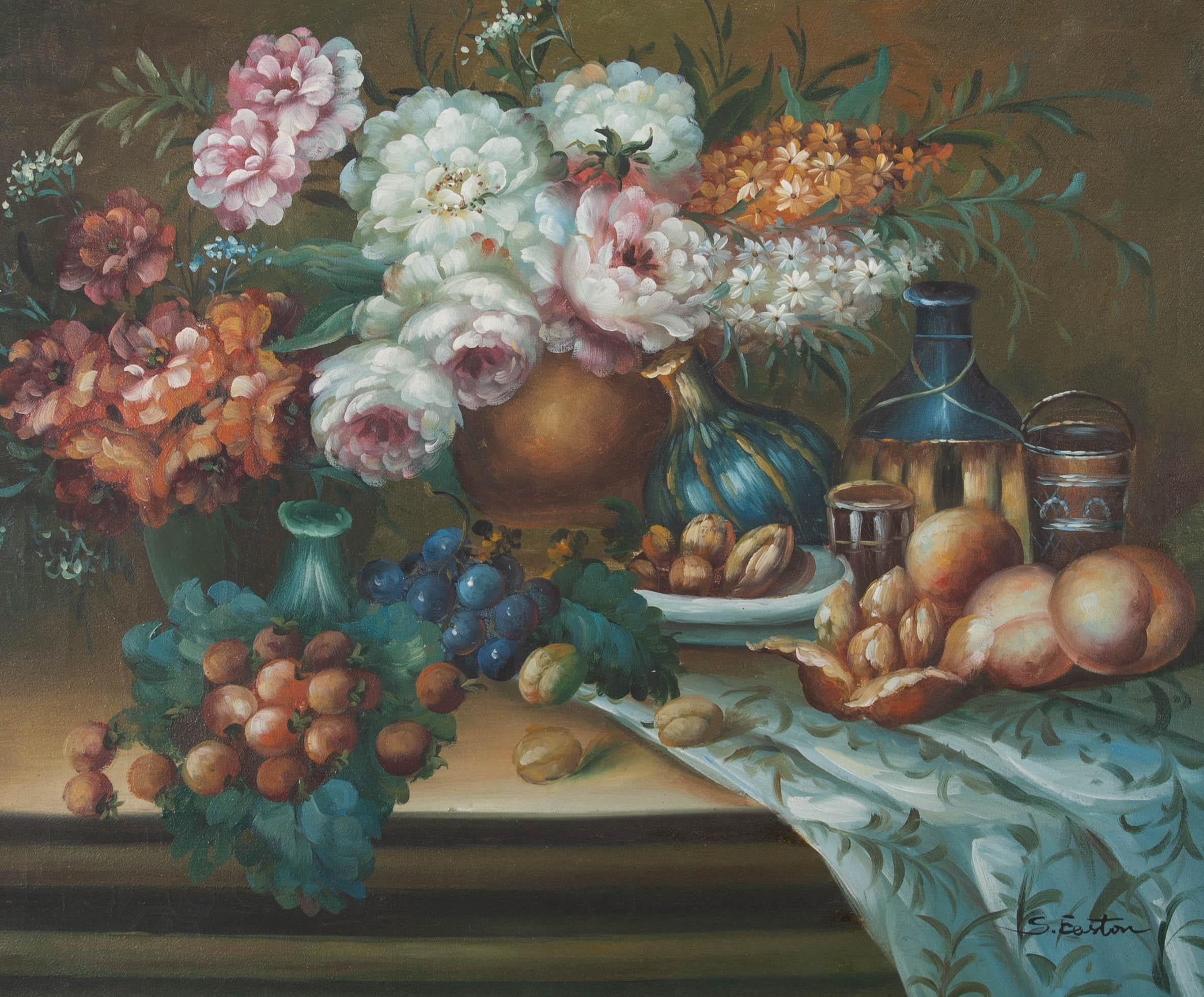 S. Easton - 20th Century Oil, Still Life with Flowers and Fruit For Sale 1