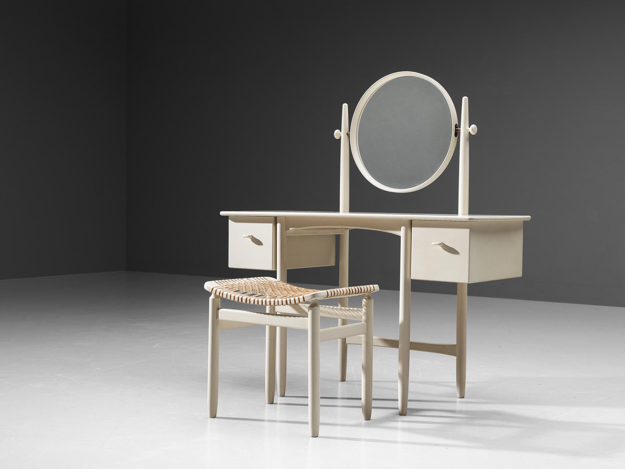 Sven Engström & Gunnar Myrstrand for Bodafors, vanity table with stool, lacquered wood, mirror, brass, cane, Sweden, 1960s.

This elegant vanity table with stool combines simplicity with style in an superb manner. Executed in white lacquered wood,