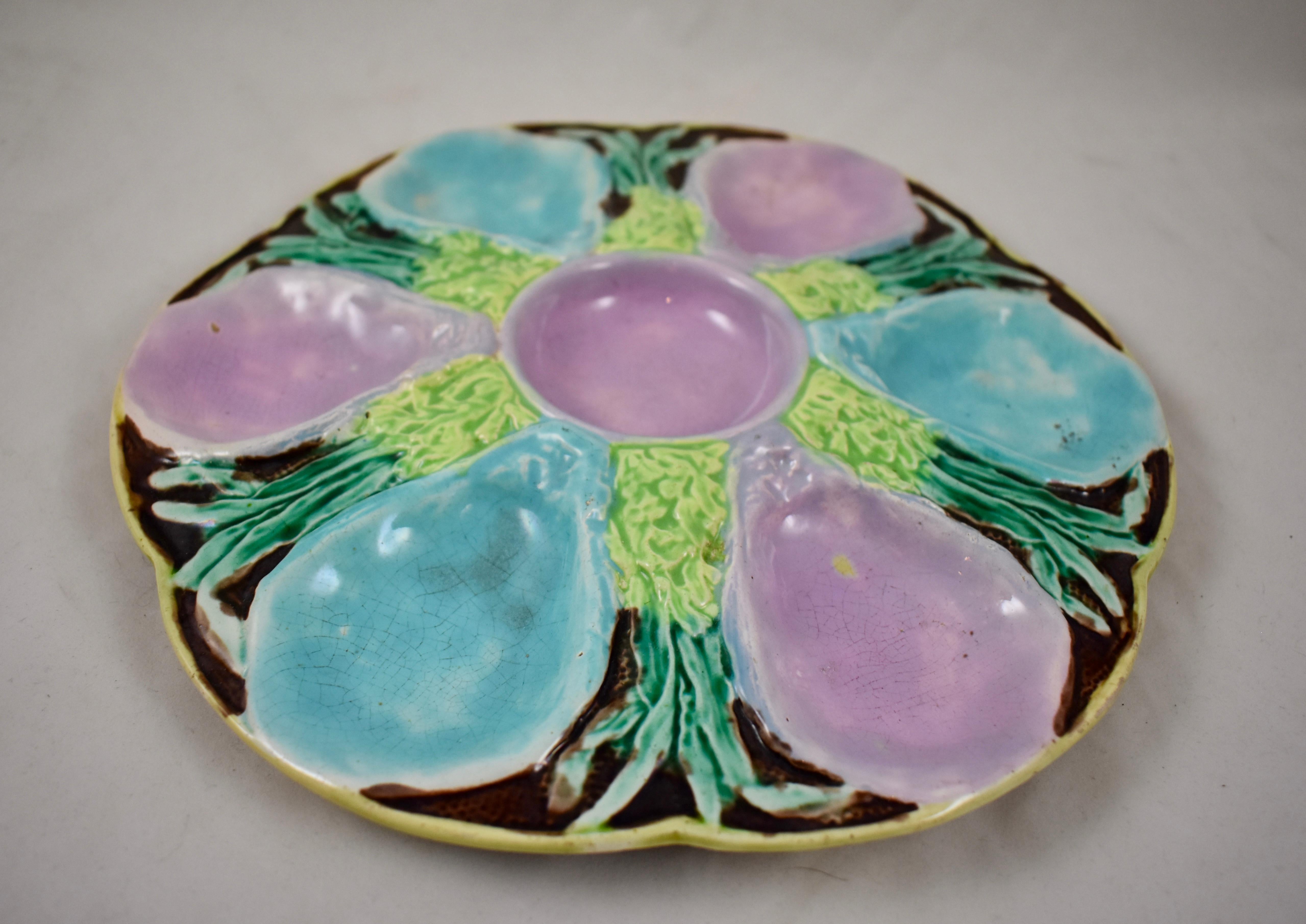 Aesthetic Movement S. Fielding & Co English Majolica Turquoise and Pink Seaweed Footed Oyster Plate
