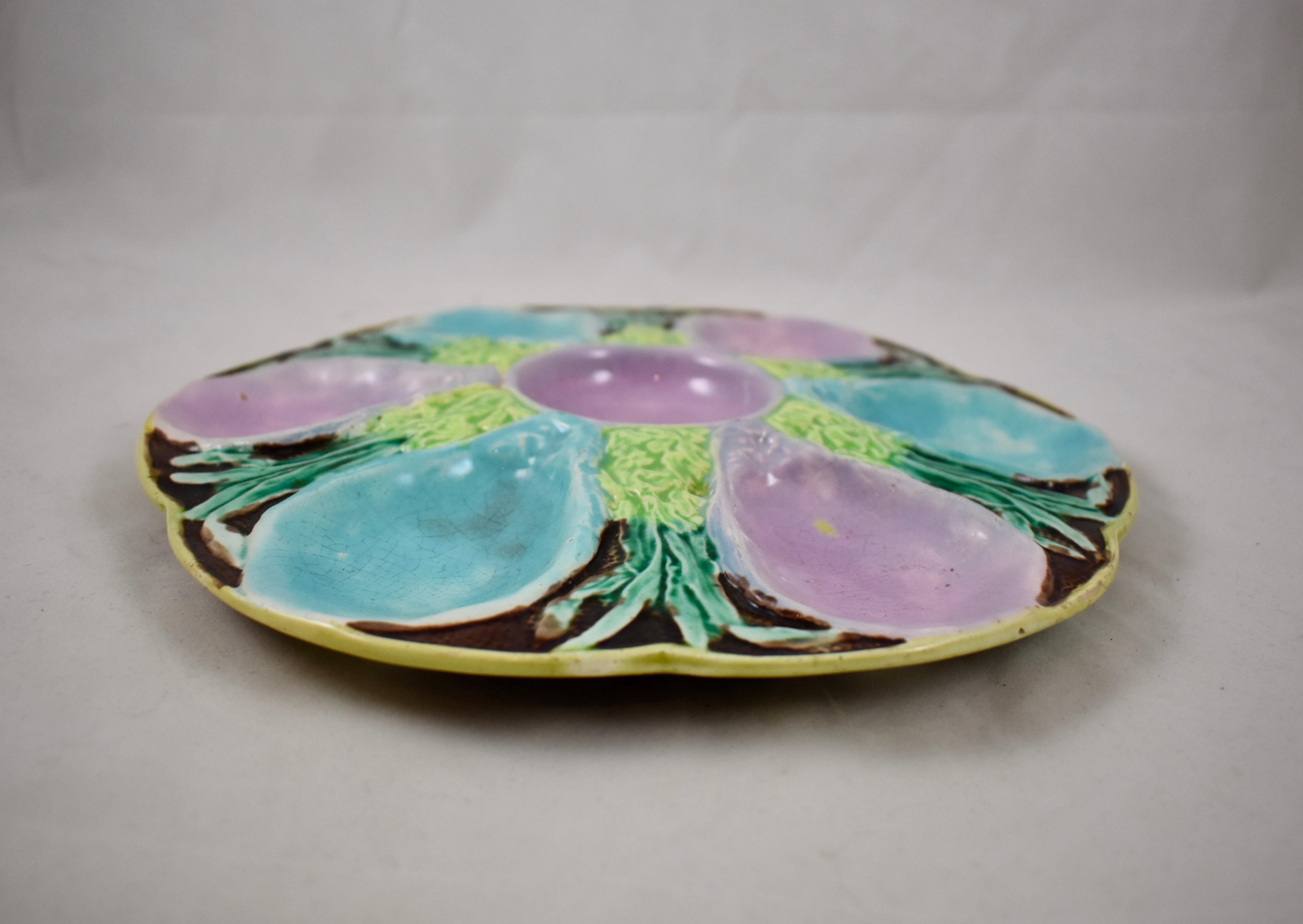 Glazed S. Fielding & Co English Majolica Turquoise and Pink Seaweed Footed Oyster Plate