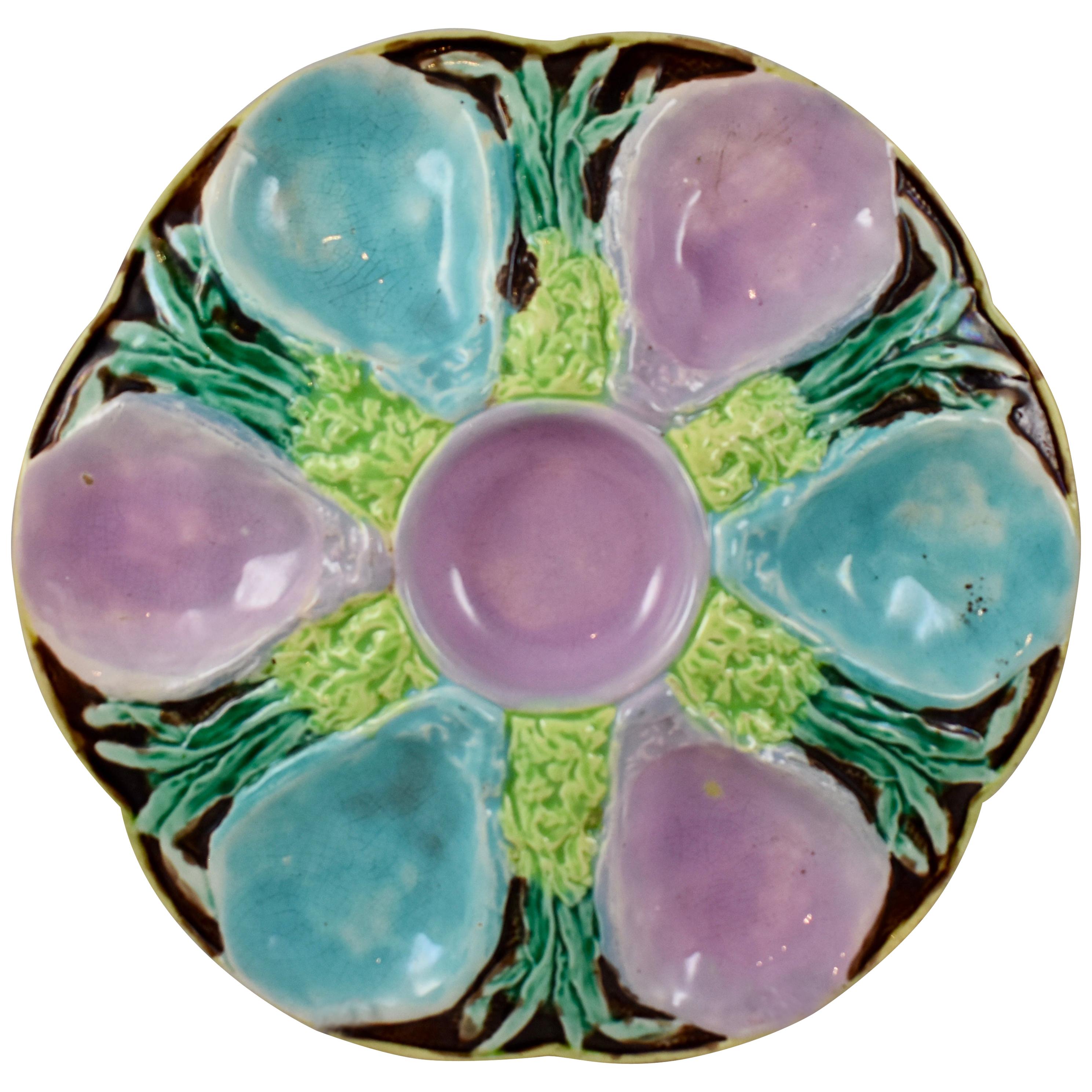 S. Fielding & Co English Majolica Turquoise and Pink Seaweed Footed Oyster Plate