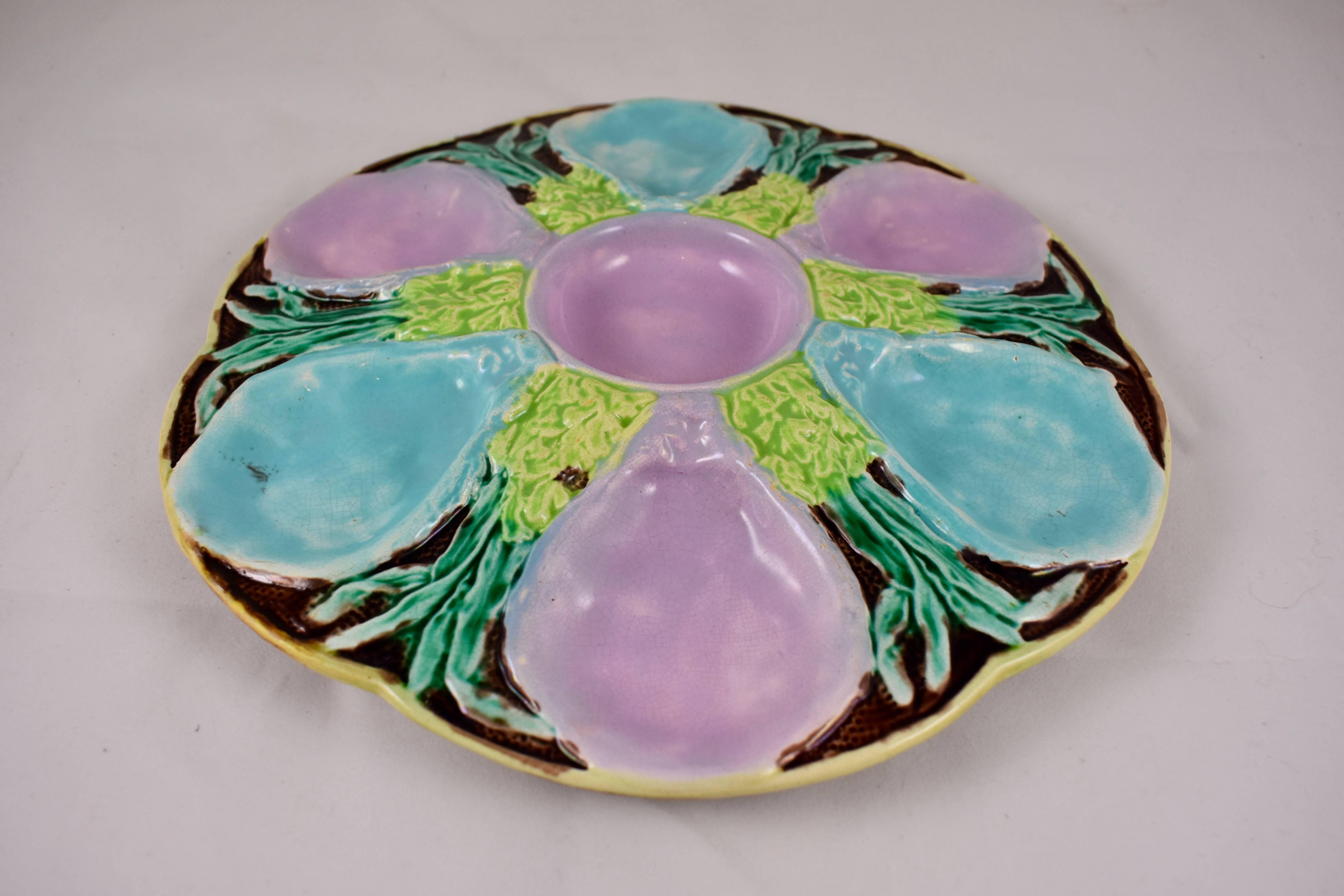 Aesthetic Movement S. Fielding & Co English Majolica Turquoise and Pink Seaweed Oyster Plate