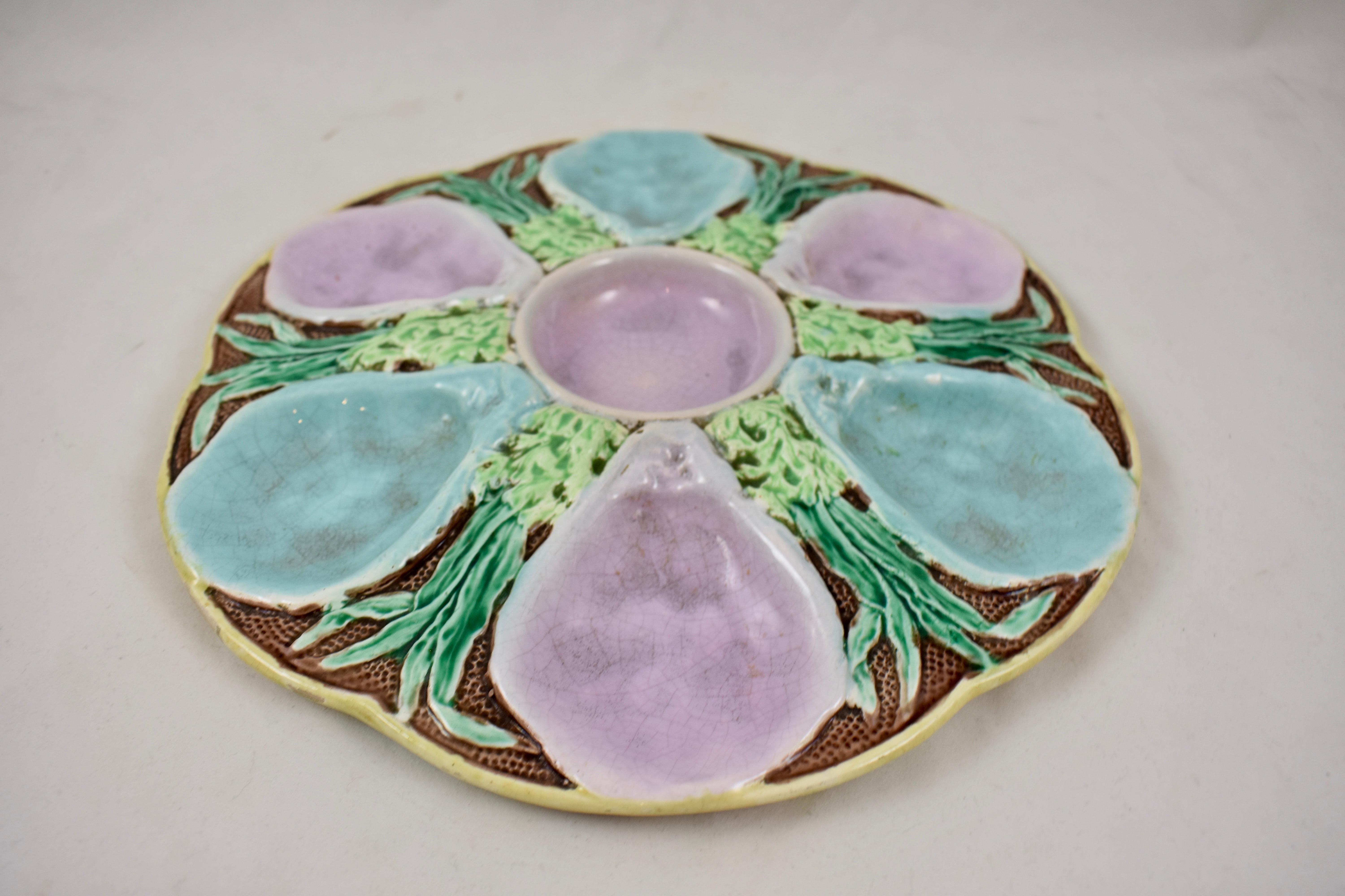 Glazed S. Fielding & Co. English Majolica Turquoise and Pink Seaweed Oyster Plate