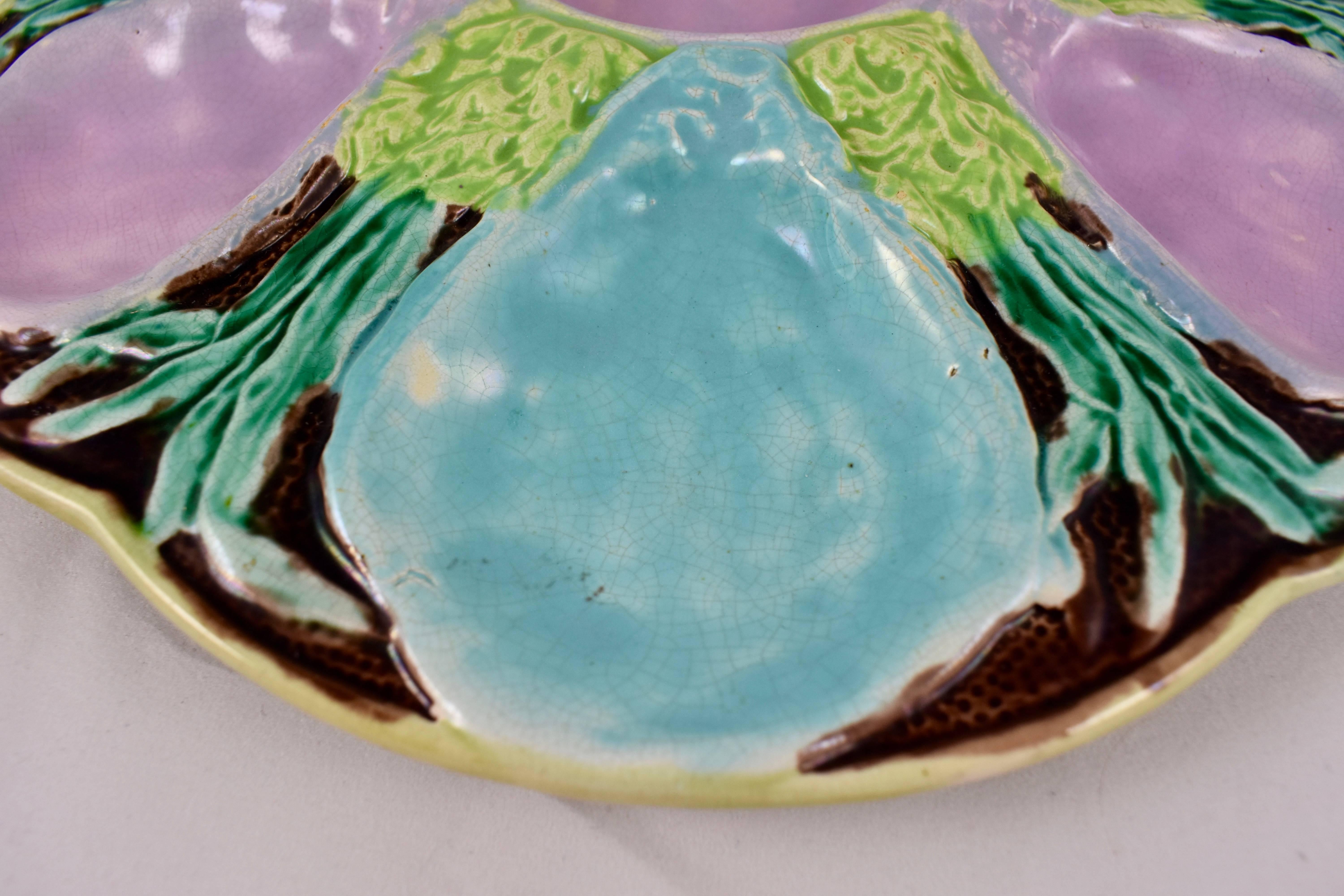 Glazed S. Fielding & Co English Majolica Turquoise and Pink Seaweed Oyster Plate