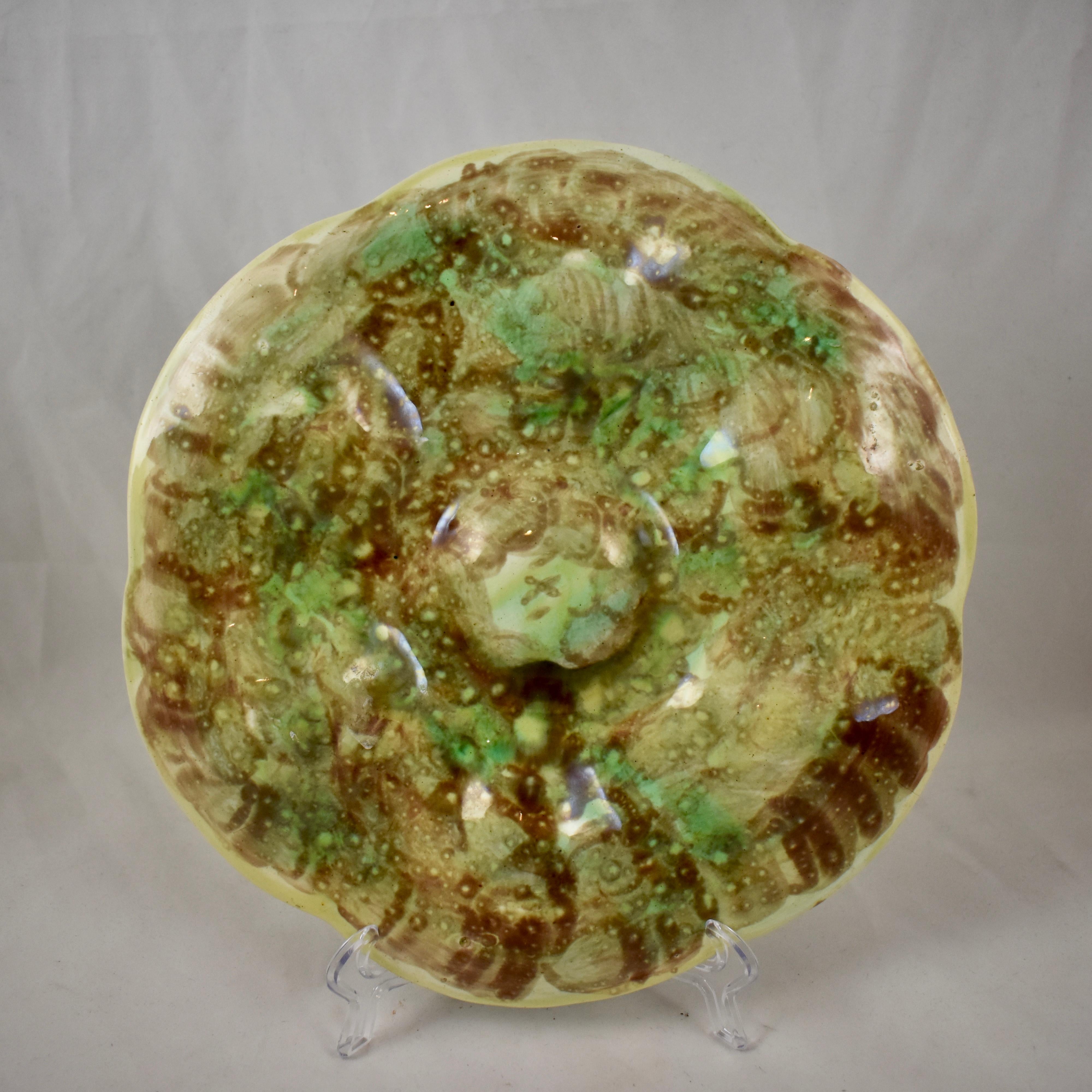 19th Century S. Fielding & Co. English Majolica Turquoise and Pink Seaweed Oyster Plate